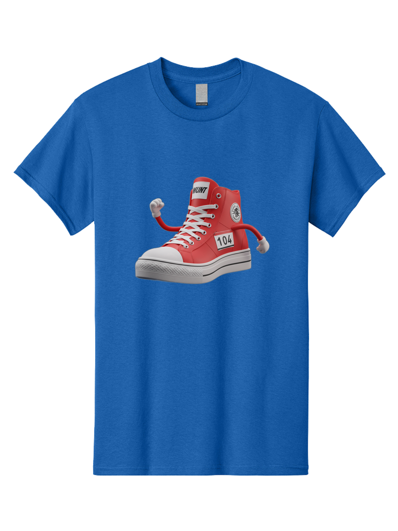 Hunt Men'S Graphic Tee, 100% Cotton, Comfortable Casual Summer Wear, Machine Washable, Red High-Top Sneaker, Hunt Logo, 104 Label, Cartoon Hands, Quirky Design, Bold Fashion Statement, Sneakers With Arms, Humorous Illustration, Baa851