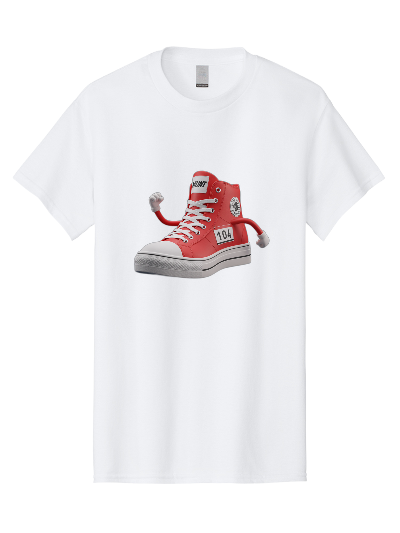 Hunt Men'S Graphic Tee, 100% Cotton, Comfortable Casual Summer Wear, Machine Washable, Red High-Top Sneaker, Hunt Logo, 104 Label, Cartoon Hands, Quirky Design, Bold Fashion Statement, Sneakers With Arms, Humorous Illustration, Baa851