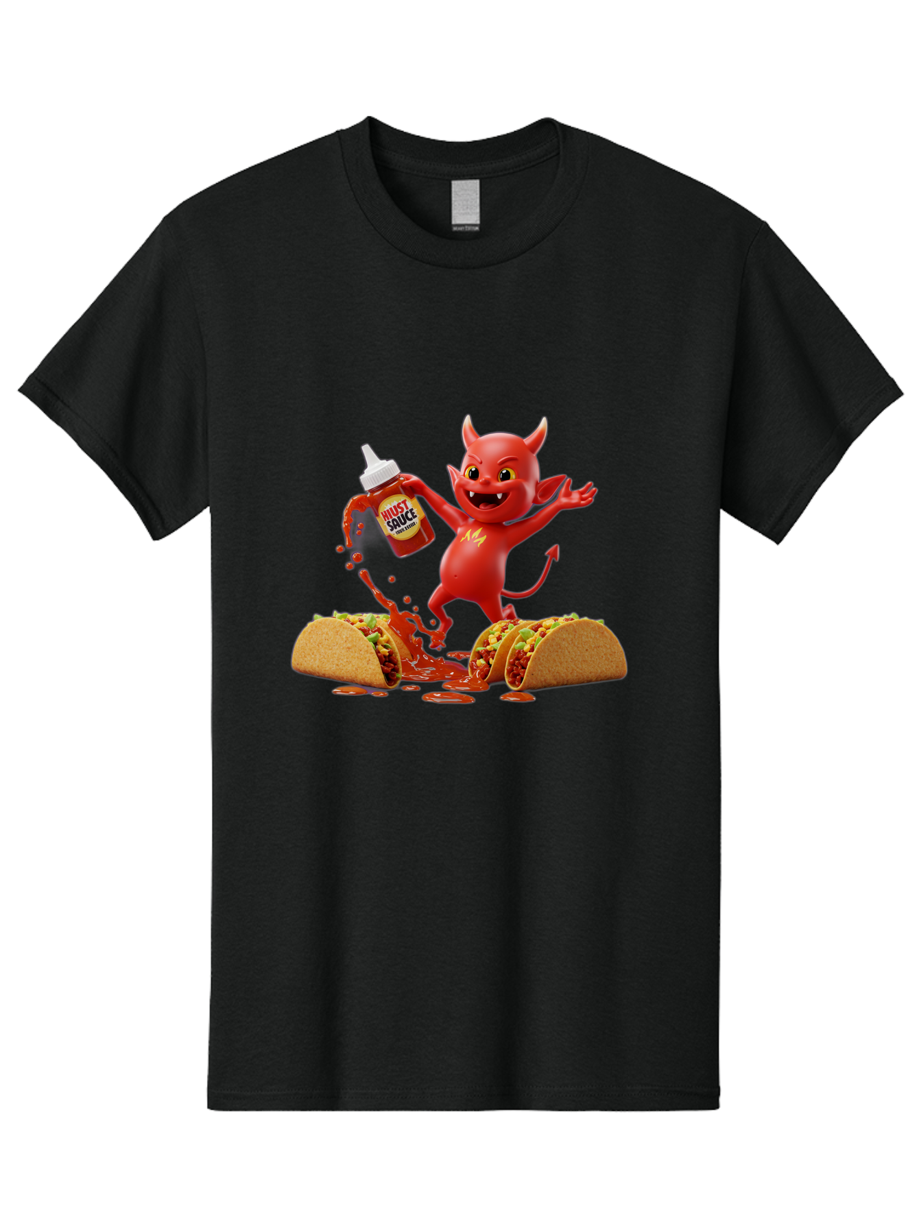 Hustl-Sauce-Devil Men'S Graphic Tee, 100% Cotton, Comfortable Casual Summer Wear, Machine Washable, Red Devil Character, Hot Sauce Bottle, Tacos, Spicy Food, Hot Peppers, Cartoon Style, Playful Illustration, Sauce Splatter, Baa852