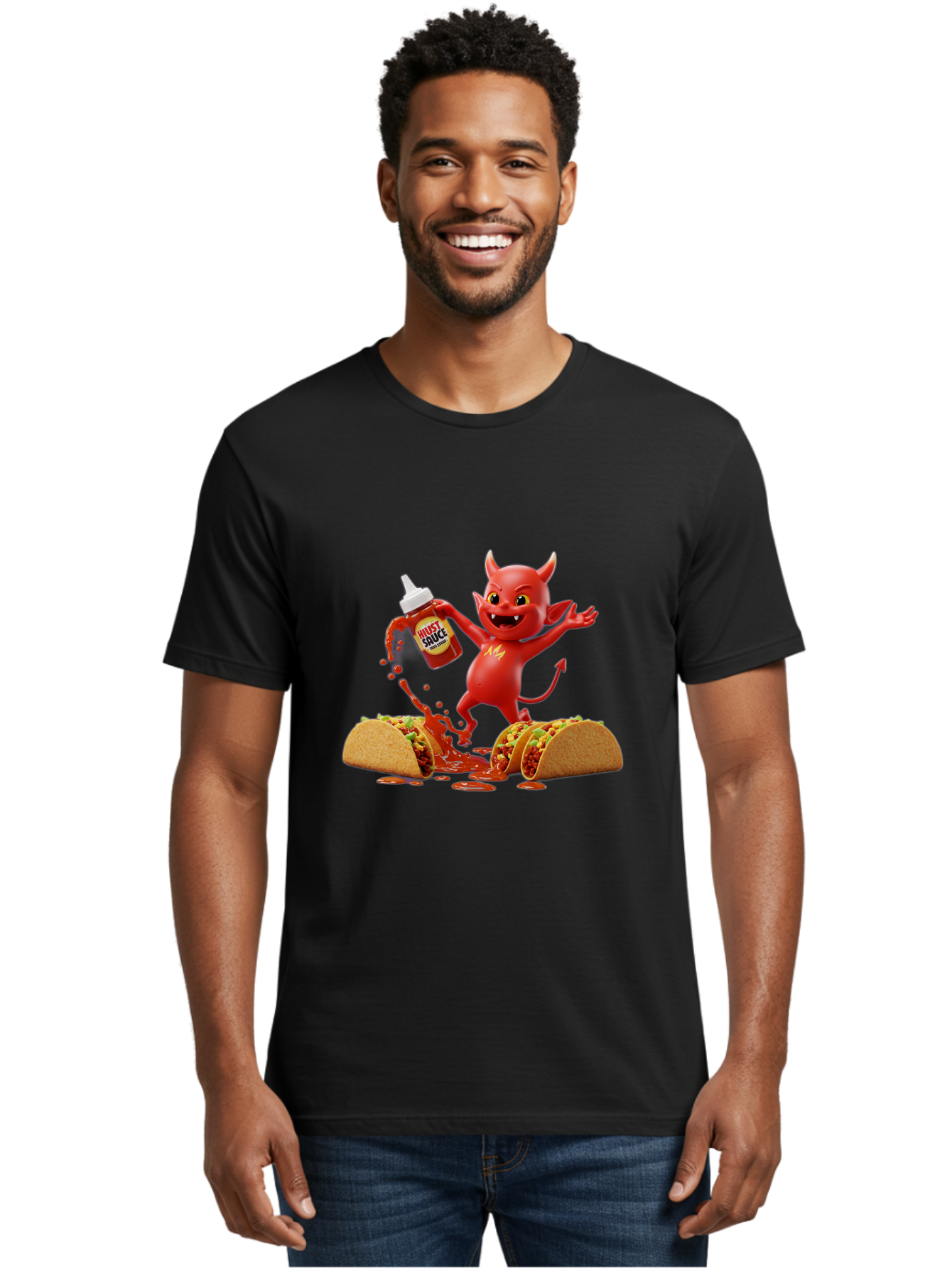 Hustl-Sauce-Devil Men'S Graphic Tee, 100% Cotton, Comfortable Casual Summer Wear, Machine Washable, Red Devil Character, Hot Sauce Bottle, Tacos, Spicy Food, Hot Peppers, Cartoon Style, Playful Illustration, Sauce Splatter, Baa852