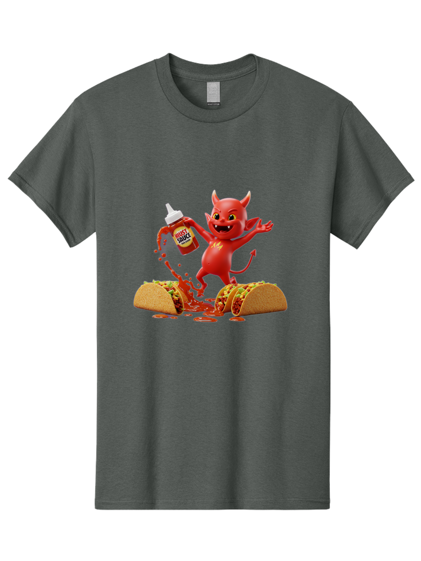 Hustl-Sauce-Devil Men'S Graphic Tee, 100% Cotton, Comfortable Casual Summer Wear, Machine Washable, Red Devil Character, Hot Sauce Bottle, Tacos, Spicy Food, Hot Peppers, Cartoon Style, Playful Illustration, Sauce Splatter, Baa852