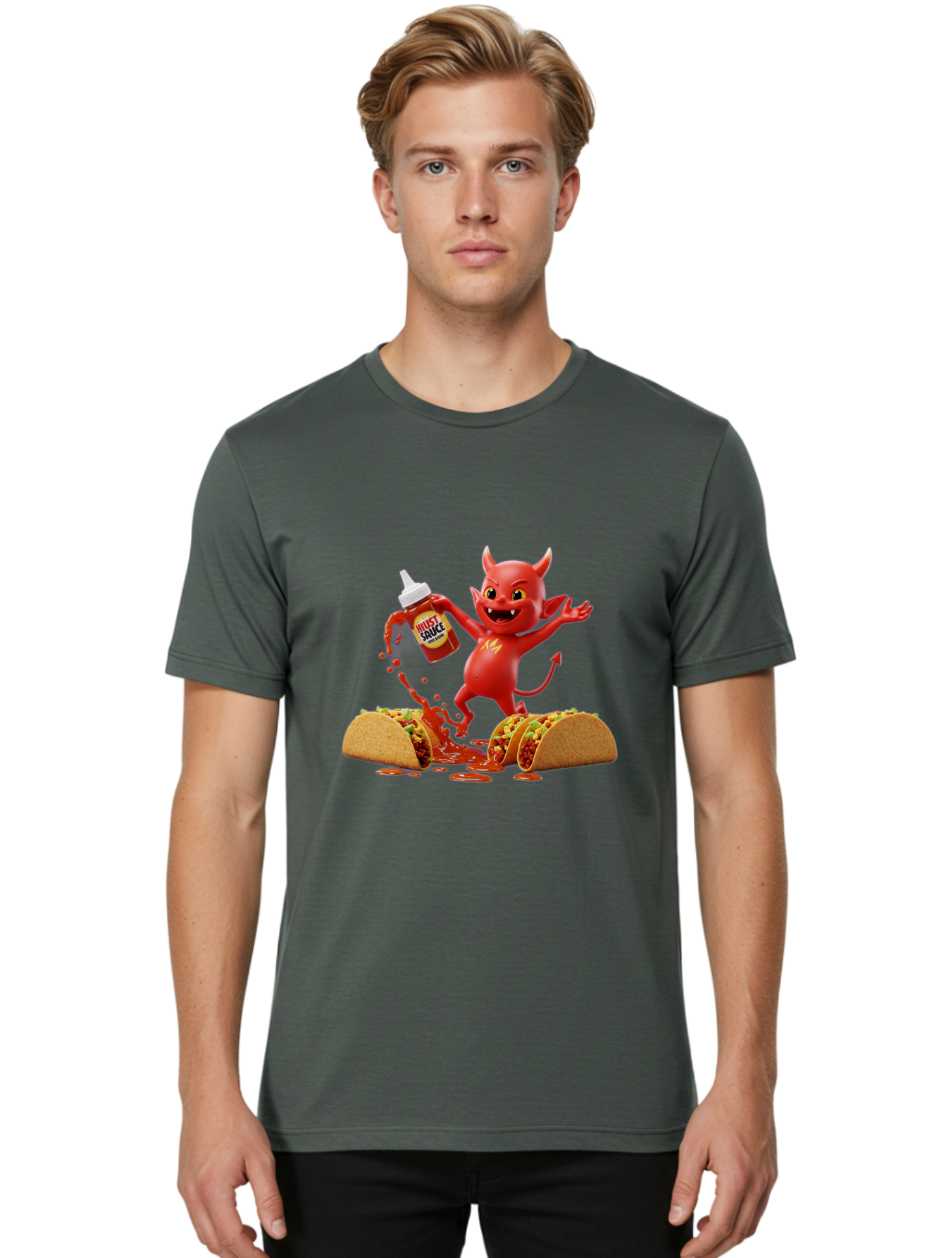 Hustl-Sauce-Devil Men'S Graphic Tee, 100% Cotton, Comfortable Casual Summer Wear, Machine Washable, Red Devil Character, Hot Sauce Bottle, Tacos, Spicy Food, Hot Peppers, Cartoon Style, Playful Illustration, Sauce Splatter, Baa852