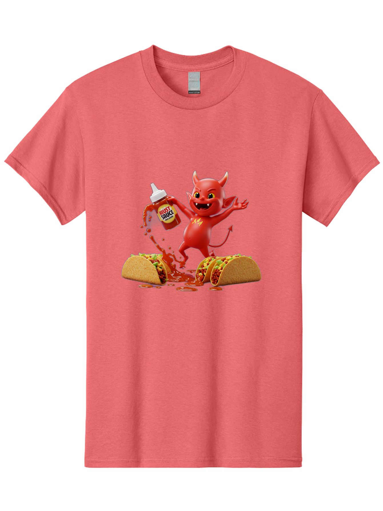 Hustl-Sauce-Devil Men'S Graphic Tee, 100% Cotton, Comfortable Casual Summer Wear, Machine Washable, Red Devil Character, Hot Sauce Bottle, Tacos, Spicy Food, Hot Peppers, Cartoon Style, Playful Illustration, Sauce Splatter, Baa852