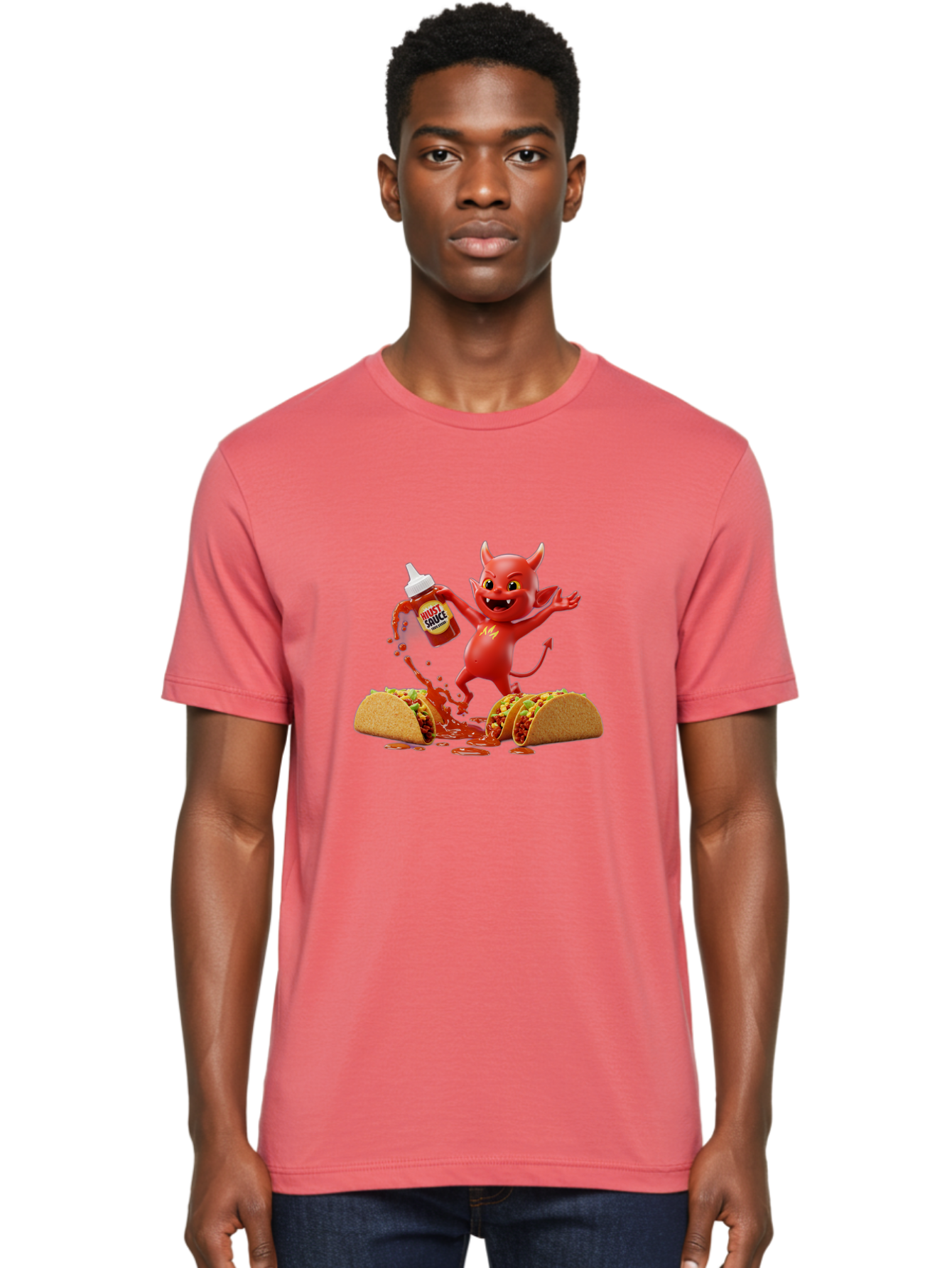 Hustl-Sauce-Devil Men'S Graphic Tee, 100% Cotton, Comfortable Casual Summer Wear, Machine Washable, Red Devil Character, Hot Sauce Bottle, Tacos, Spicy Food, Hot Peppers, Cartoon Style, Playful Illustration, Sauce Splatter, Baa852