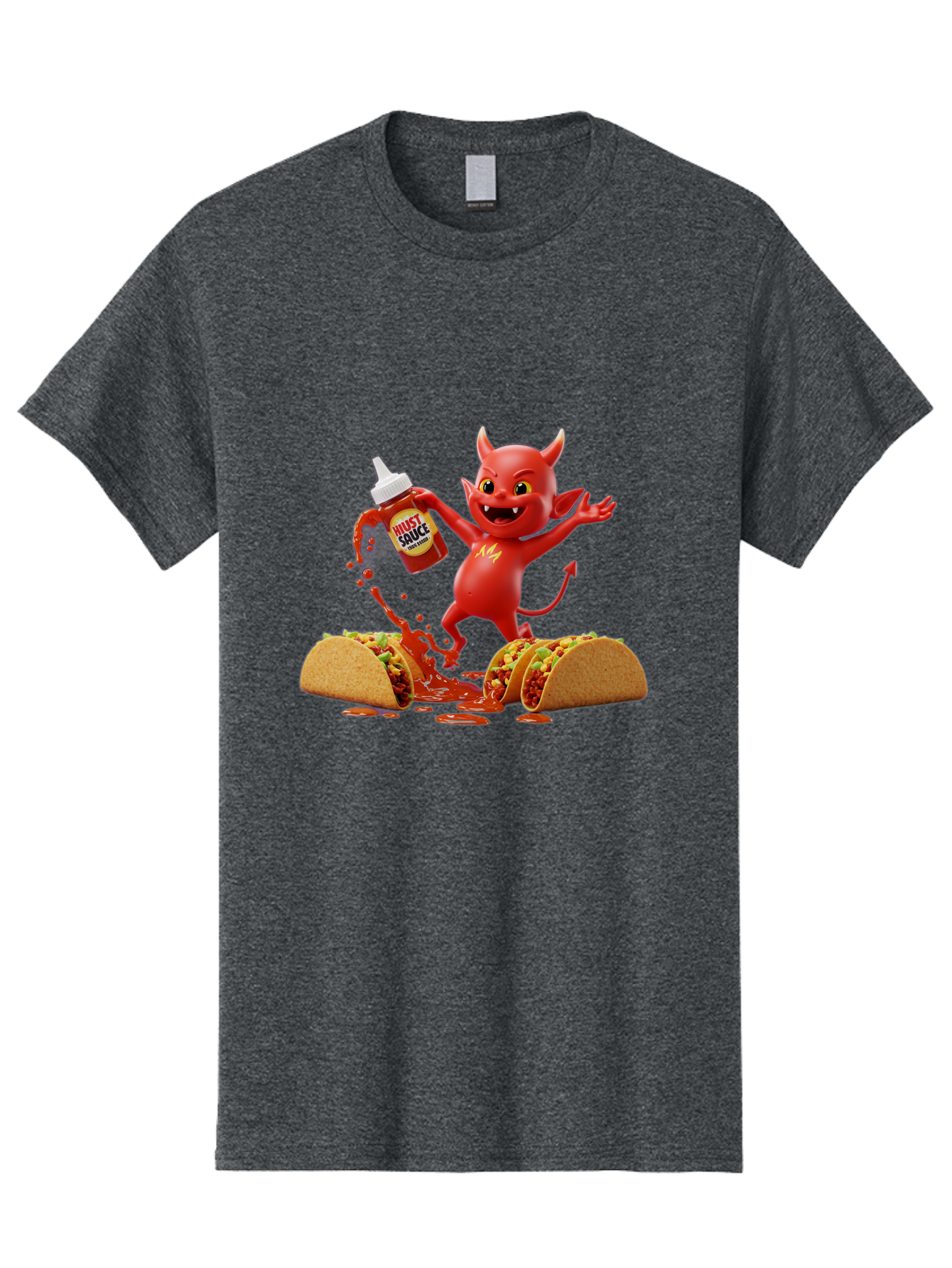 Hustl-Sauce-Devil Men'S Graphic Tee, 100% Cotton, Comfortable Casual Summer Wear, Machine Washable, Red Devil Character, Hot Sauce Bottle, Tacos, Spicy Food, Hot Peppers, Cartoon Style, Playful Illustration, Sauce Splatter, Baa852