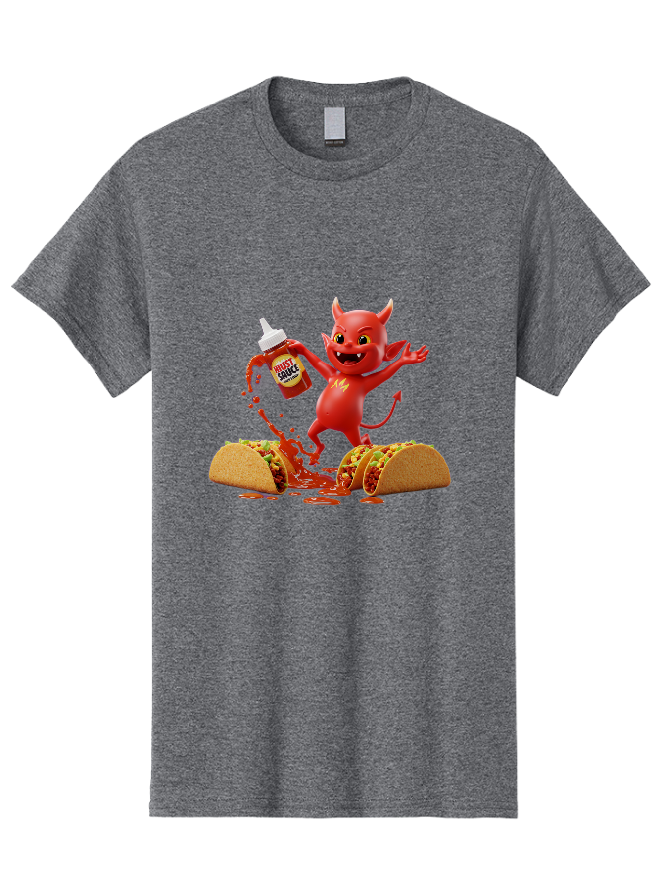 Hustl-Sauce-Devil Men'S Graphic Tee, 100% Cotton, Comfortable Casual Summer Wear, Machine Washable, Red Devil Character, Hot Sauce Bottle, Tacos, Spicy Food, Hot Peppers, Cartoon Style, Playful Illustration, Sauce Splatter, Baa852