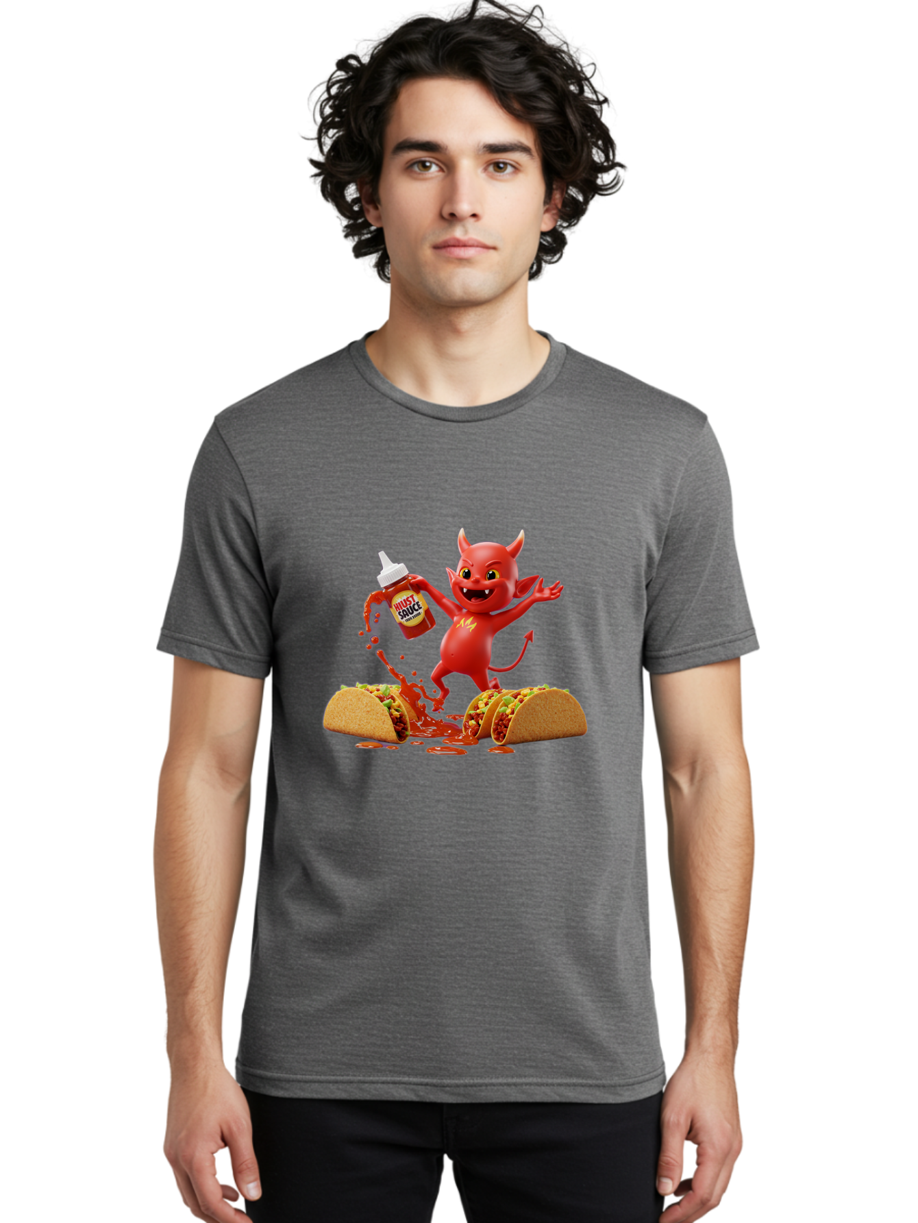 Hustl-Sauce-Devil Men'S Graphic Tee, 100% Cotton, Comfortable Casual Summer Wear, Machine Washable, Red Devil Character, Hot Sauce Bottle, Tacos, Spicy Food, Hot Peppers, Cartoon Style, Playful Illustration, Sauce Splatter, Baa852