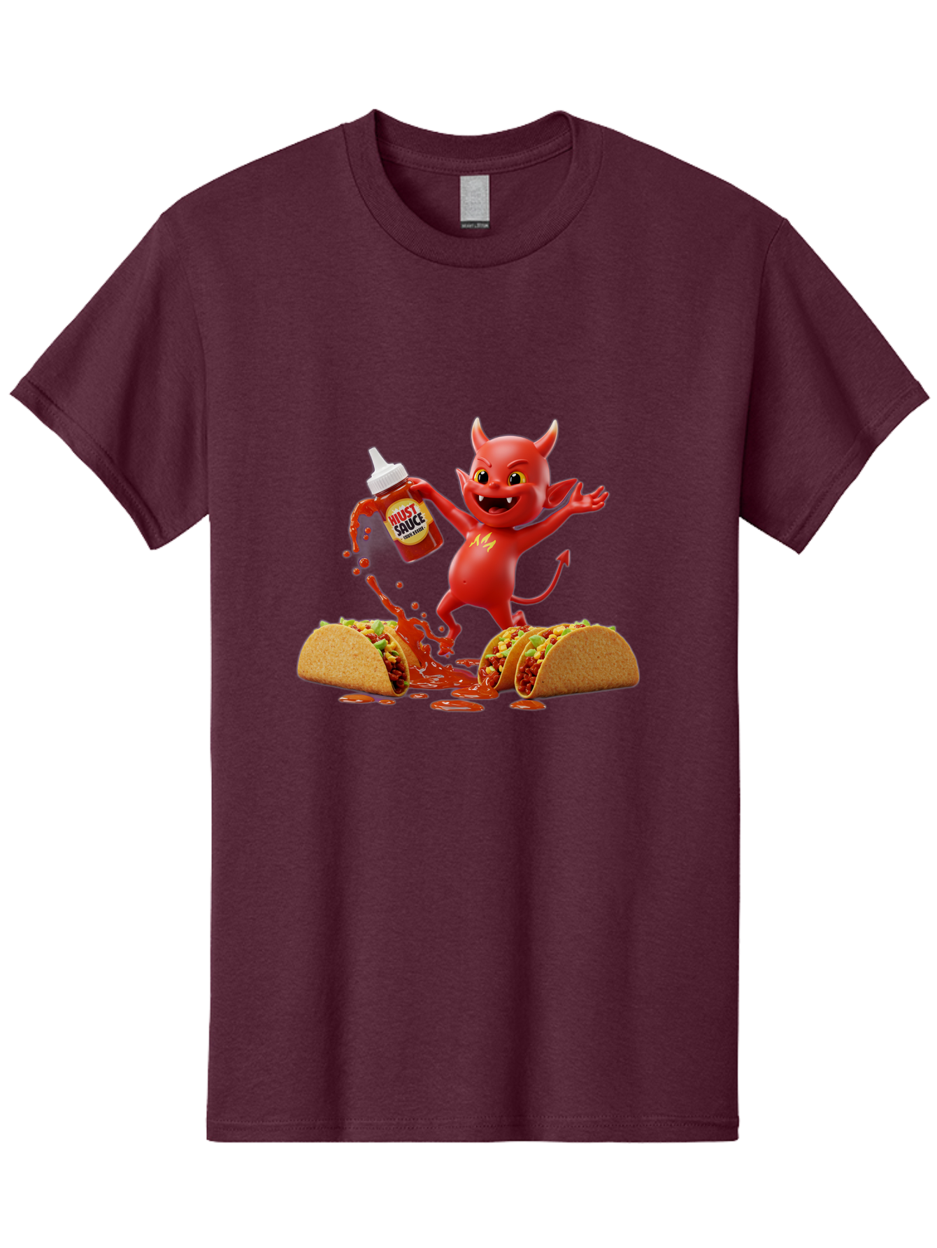 Hustl-Sauce-Devil Men'S Graphic Tee, 100% Cotton, Comfortable Casual Summer Wear, Machine Washable, Red Devil Character, Hot Sauce Bottle, Tacos, Spicy Food, Hot Peppers, Cartoon Style, Playful Illustration, Sauce Splatter, Baa852