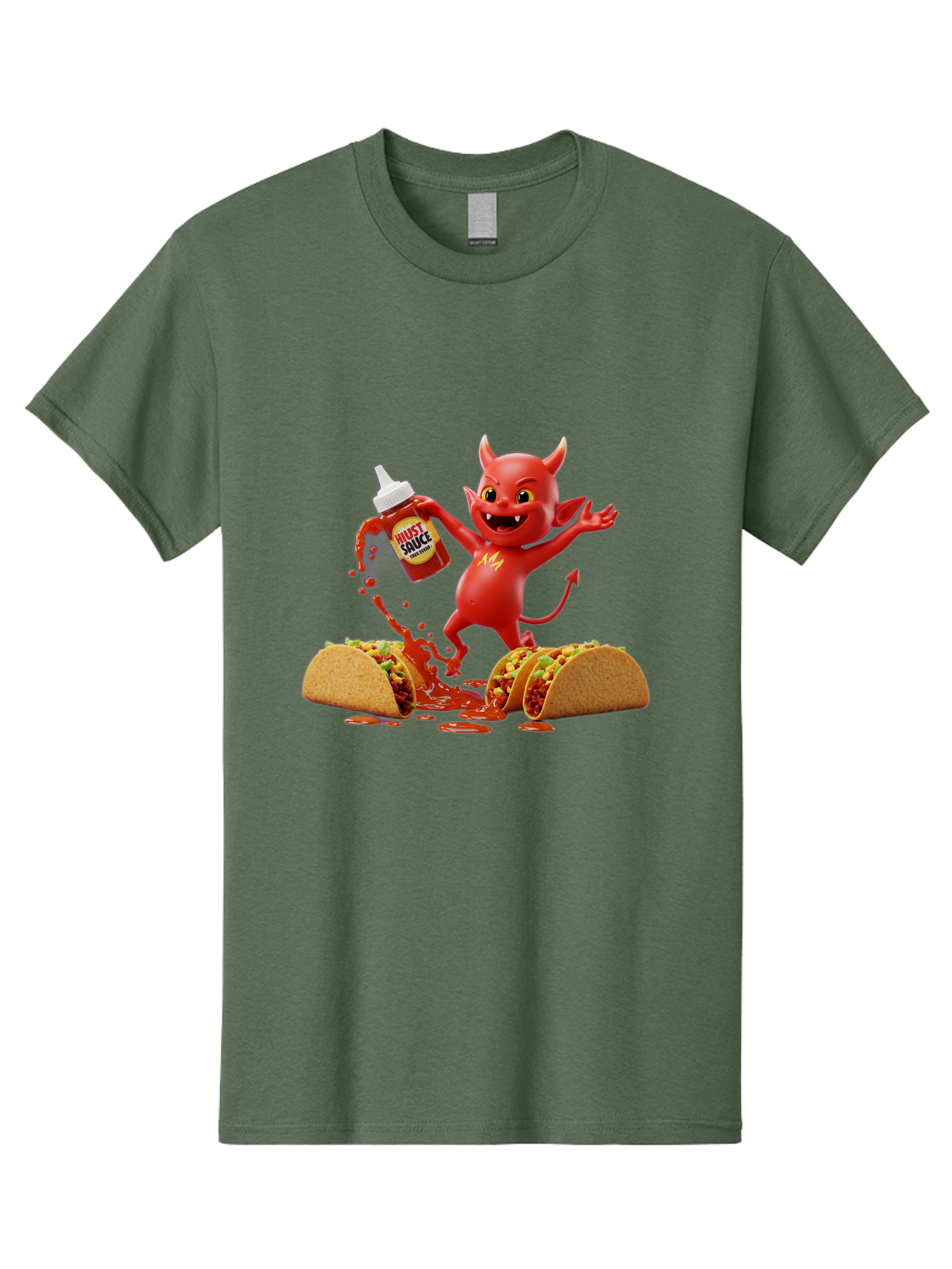 Hustl-Sauce-Devil Men'S Graphic Tee, 100% Cotton, Comfortable Casual Summer Wear, Machine Washable, Red Devil Character, Hot Sauce Bottle, Tacos, Spicy Food, Hot Peppers, Cartoon Style, Playful Illustration, Sauce Splatter, Baa852