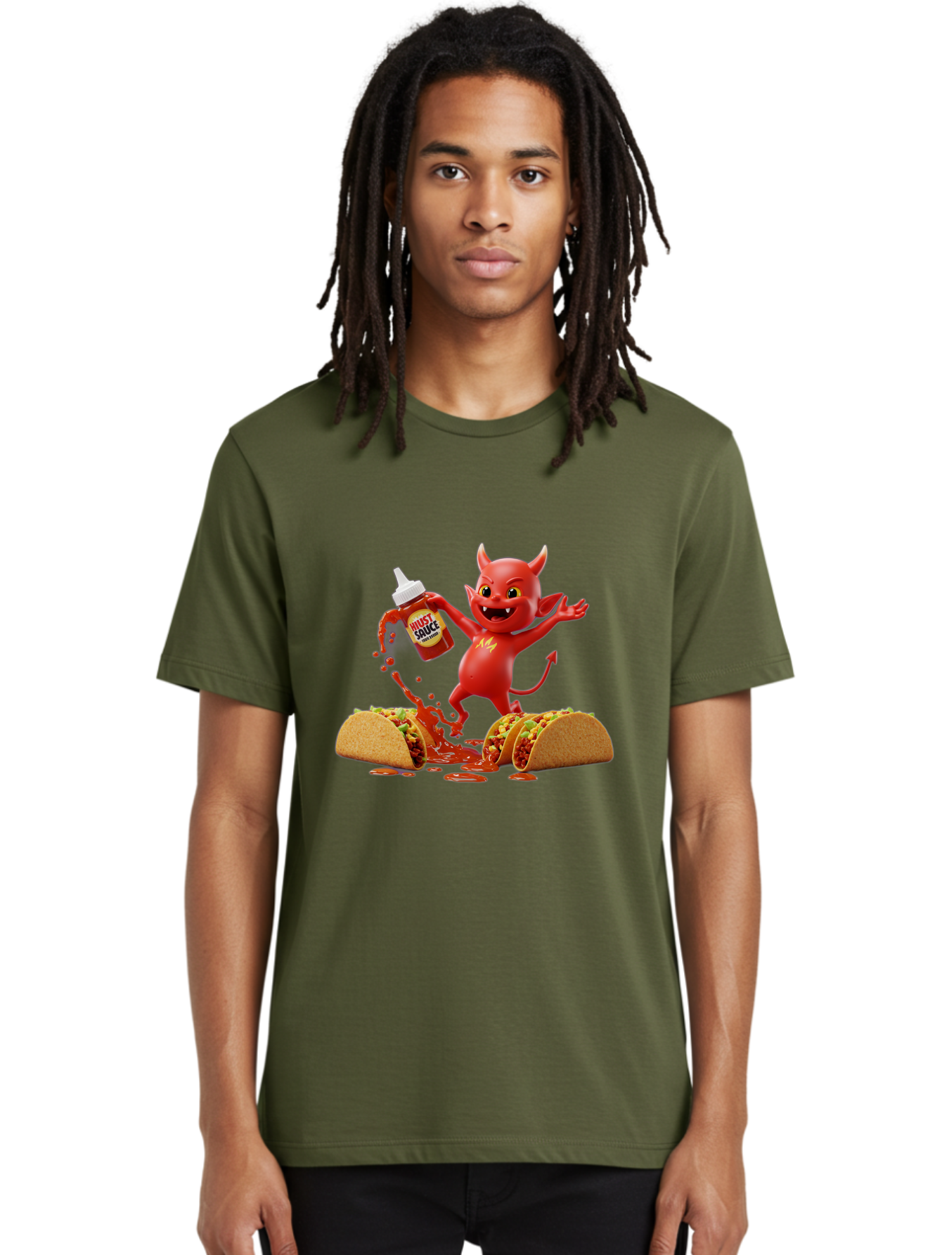 Hustl-Sauce-Devil Men'S Graphic Tee, 100% Cotton, Comfortable Casual Summer Wear, Machine Washable, Red Devil Character, Hot Sauce Bottle, Tacos, Spicy Food, Hot Peppers, Cartoon Style, Playful Illustration, Sauce Splatter, Baa852