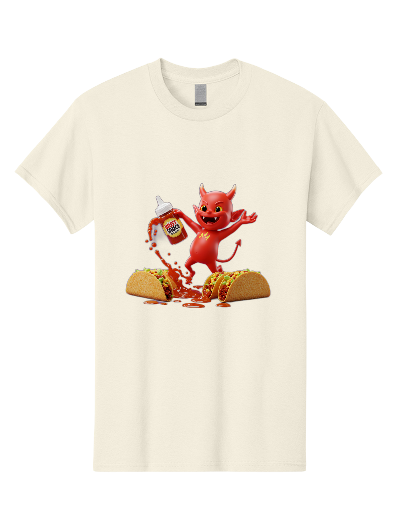 Hustl-Sauce-Devil Men'S Graphic Tee, 100% Cotton, Comfortable Casual Summer Wear, Machine Washable, Red Devil Character, Hot Sauce Bottle, Tacos, Spicy Food, Hot Peppers, Cartoon Style, Playful Illustration, Sauce Splatter, Baa852