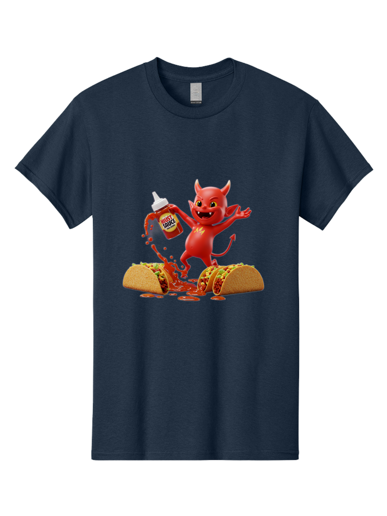 Hustl-Sauce-Devil Men'S Graphic Tee, 100% Cotton, Comfortable Casual Summer Wear, Machine Washable, Red Devil Character, Hot Sauce Bottle, Tacos, Spicy Food, Hot Peppers, Cartoon Style, Playful Illustration, Sauce Splatter, Baa852