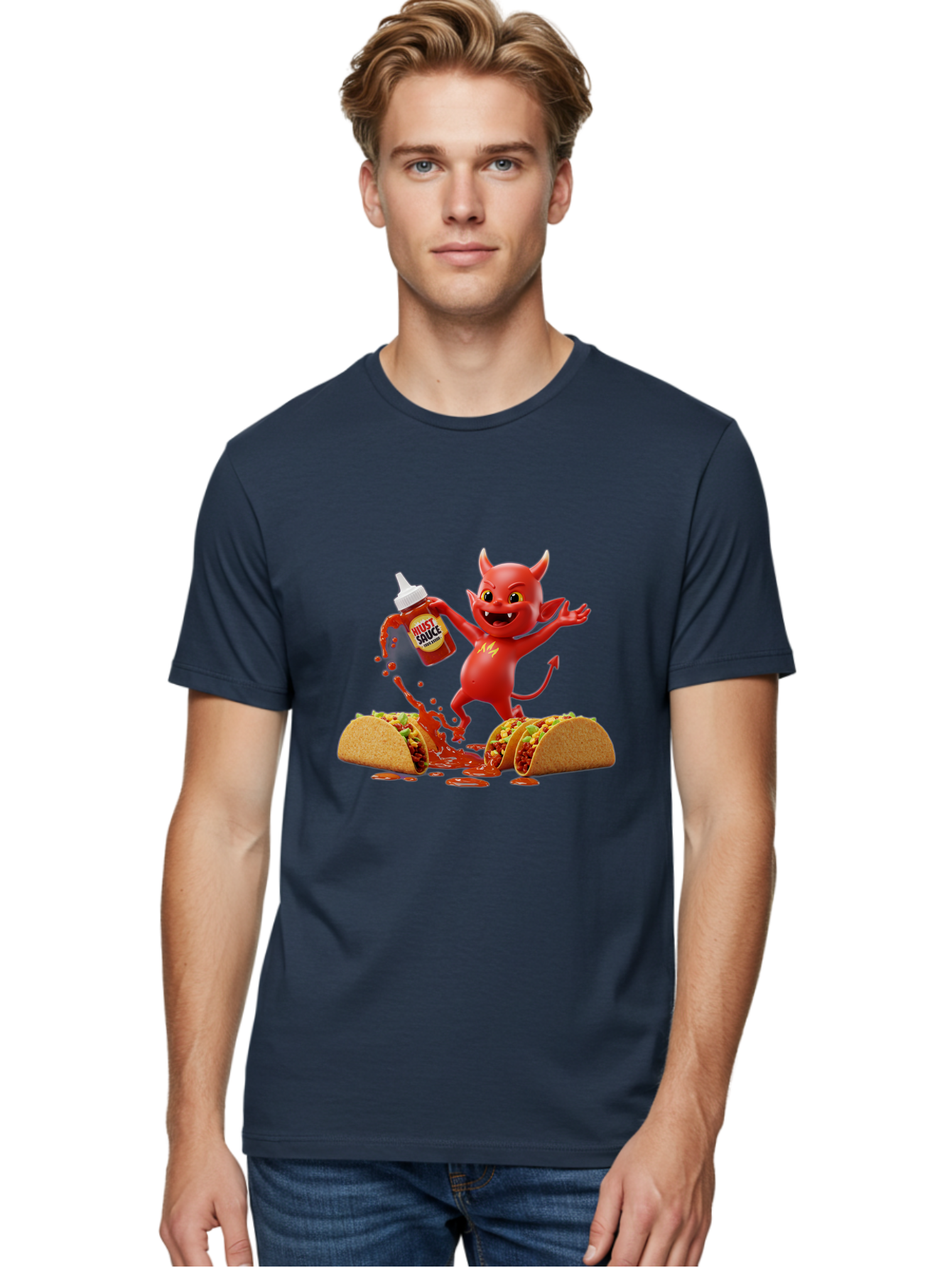 Hustl-Sauce-Devil Men'S Graphic Tee, 100% Cotton, Comfortable Casual Summer Wear, Machine Washable, Red Devil Character, Hot Sauce Bottle, Tacos, Spicy Food, Hot Peppers, Cartoon Style, Playful Illustration, Sauce Splatter, Baa852