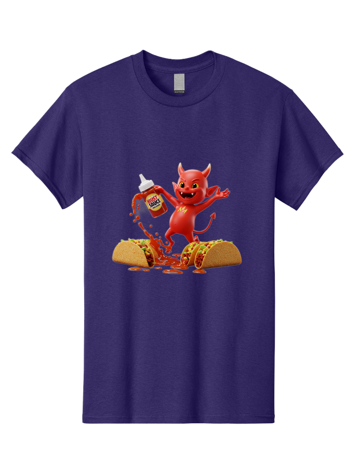 Hustl-Sauce-Devil Men'S Graphic Tee, 100% Cotton, Comfortable Casual Summer Wear, Machine Washable, Red Devil Character, Hot Sauce Bottle, Tacos, Spicy Food, Hot Peppers, Cartoon Style, Playful Illustration, Sauce Splatter, Baa852