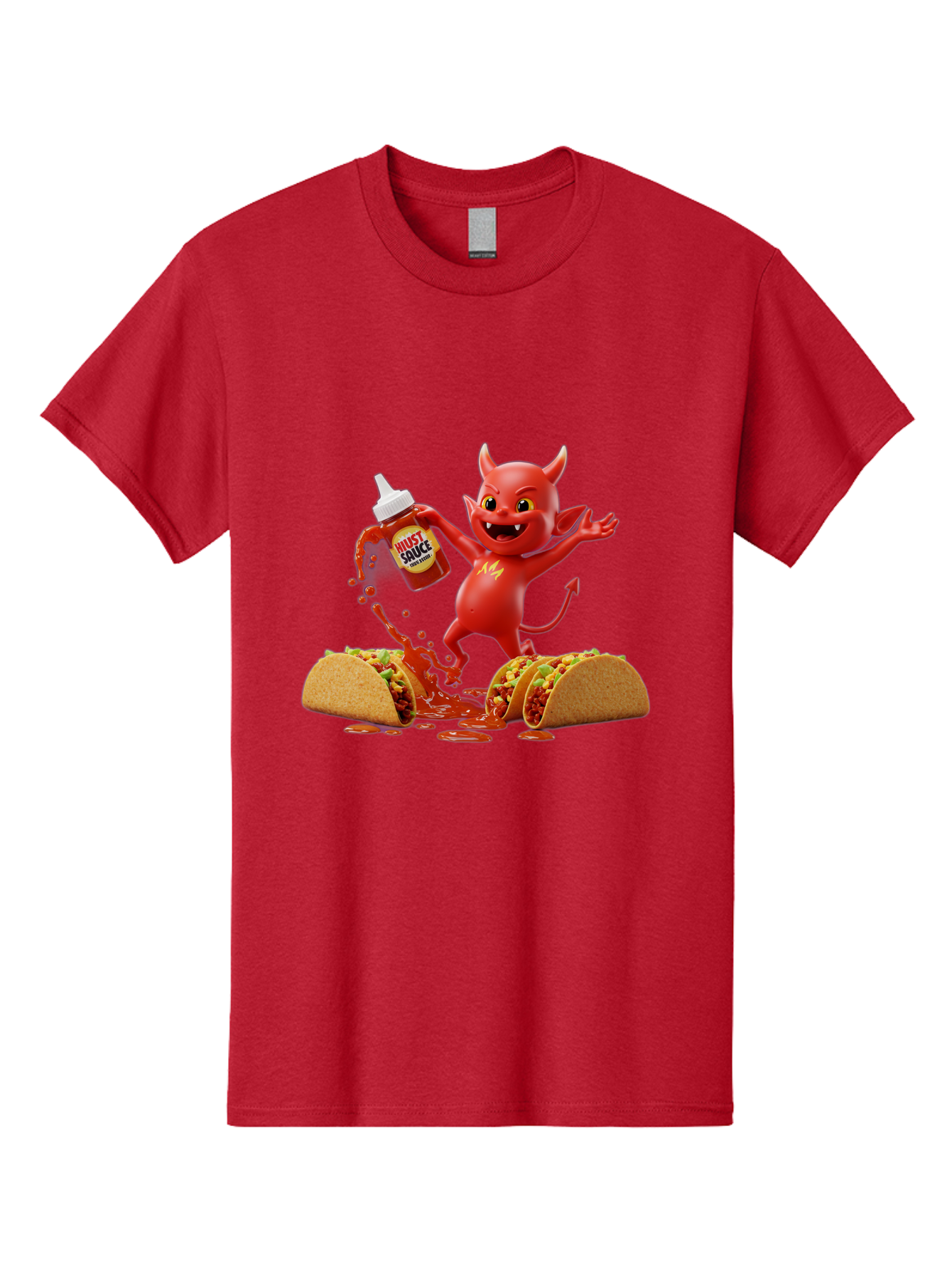 Hustl-Sauce-Devil Men'S Graphic Tee, 100% Cotton, Comfortable Casual Summer Wear, Machine Washable, Red Devil Character, Hot Sauce Bottle, Tacos, Spicy Food, Hot Peppers, Cartoon Style, Playful Illustration, Sauce Splatter, Baa852