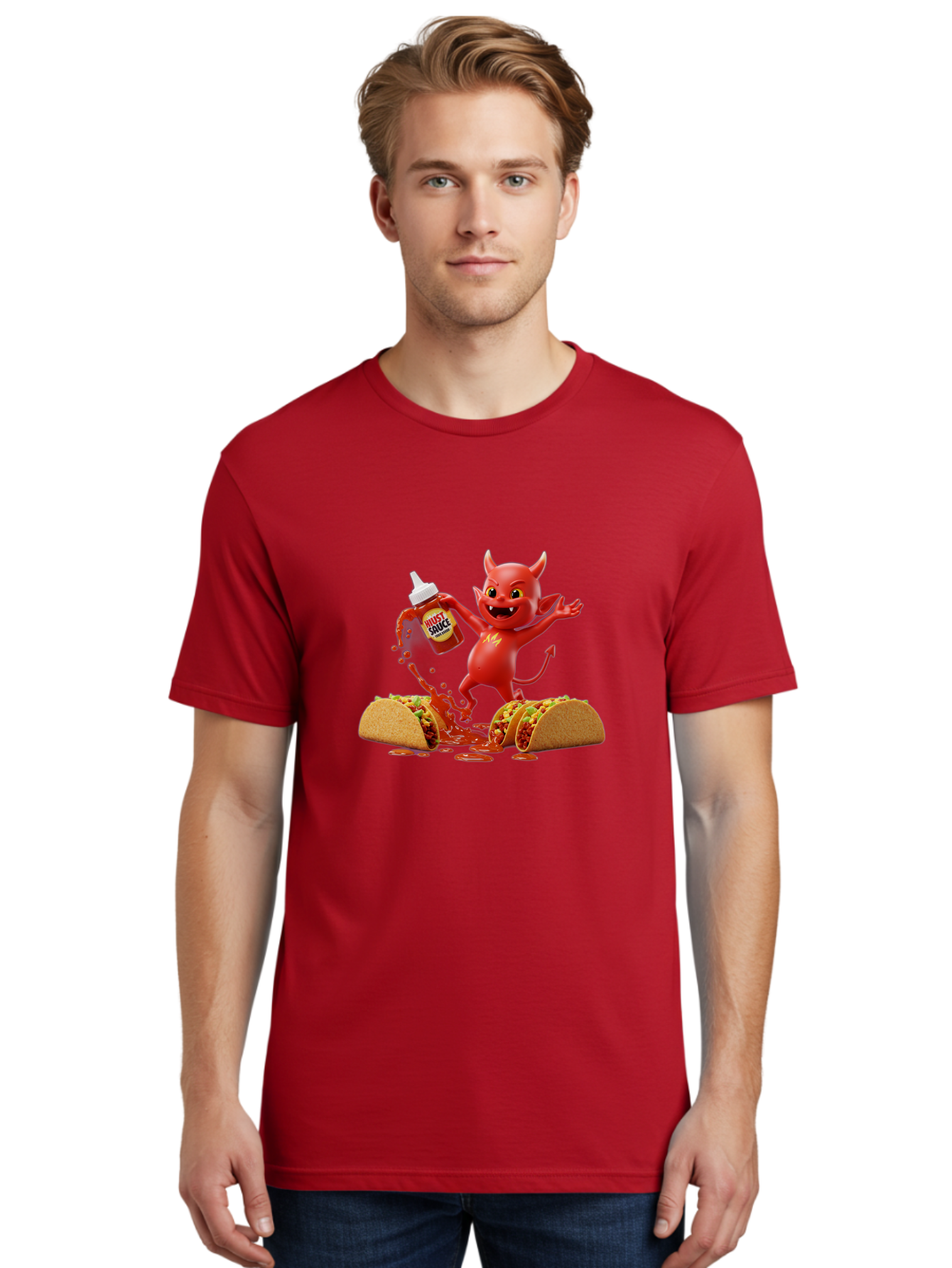 Hustl-Sauce-Devil Men'S Graphic Tee, 100% Cotton, Comfortable Casual Summer Wear, Machine Washable, Red Devil Character, Hot Sauce Bottle, Tacos, Spicy Food, Hot Peppers, Cartoon Style, Playful Illustration, Sauce Splatter, Baa852