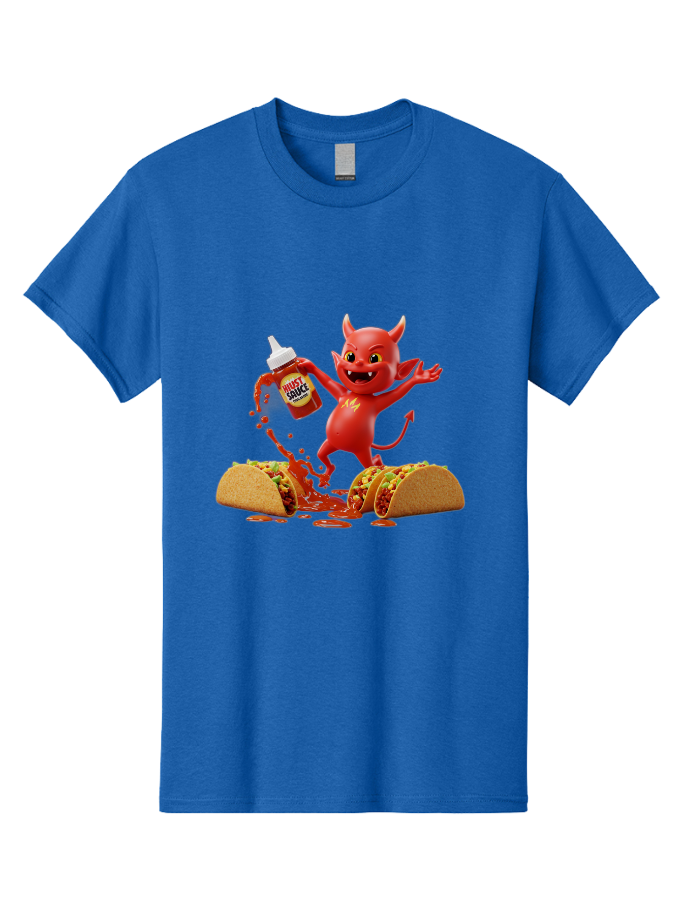 Hustl-Sauce-Devil Men'S Graphic Tee, 100% Cotton, Comfortable Casual Summer Wear, Machine Washable, Red Devil Character, Hot Sauce Bottle, Tacos, Spicy Food, Hot Peppers, Cartoon Style, Playful Illustration, Sauce Splatter, Baa852