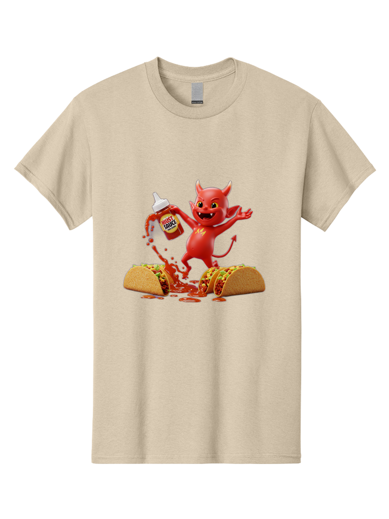 Hustl-Sauce-Devil Men'S Graphic Tee, 100% Cotton, Comfortable Casual Summer Wear, Machine Washable, Red Devil Character, Hot Sauce Bottle, Tacos, Spicy Food, Hot Peppers, Cartoon Style, Playful Illustration, Sauce Splatter, Baa852