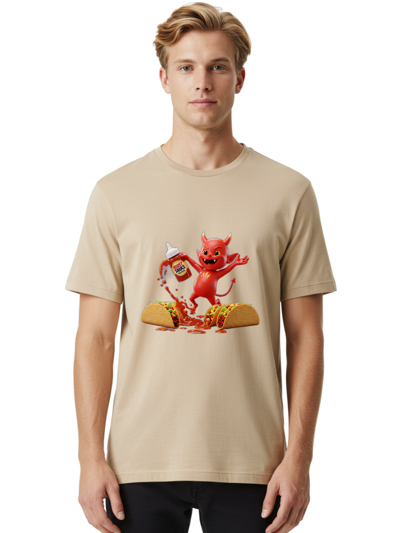 Hustl-Sauce-Devil Men'S Graphic Tee, 100% Cotton, Comfortable Casual Summer Wear, Machine Washable, Red Devil Character, Hot Sauce Bottle, Tacos, Spicy Food, Hot Peppers, Cartoon Style, Playful Illustration, Sauce Splatter, Baa852