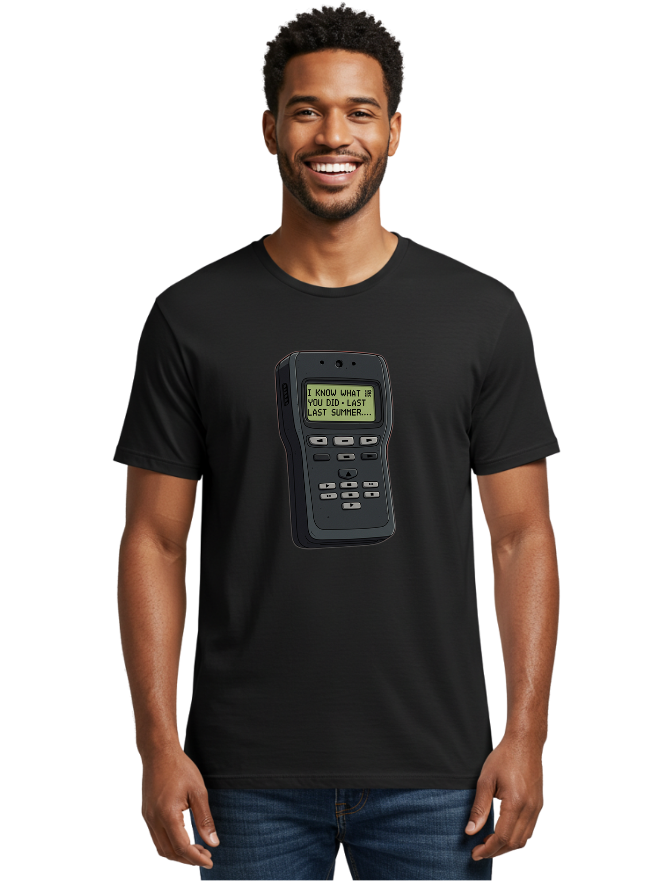 I-Know-What-You-Did-Last-Summer-Pager Men'S Graphic Tee, 100% Cotton, Comfortable Casual Summer Wear, Machine Washable, Black Digital Answering Machine, Ominous Message, Horror Theme, Retro Tech, Spooky Atmosphere, Baa853