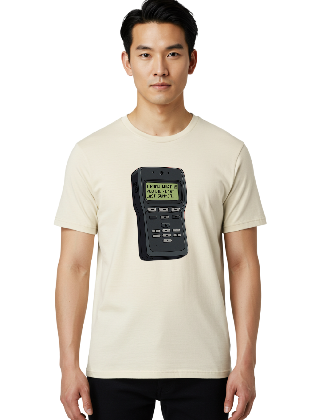 I-Know-What-You-Did-Last-Summer-Pager Men'S Graphic Tee, 100% Cotton, Comfortable Casual Summer Wear, Machine Washable, Black Digital Answering Machine, Ominous Message, Horror Theme, Retro Tech, Spooky Atmosphere, Baa853