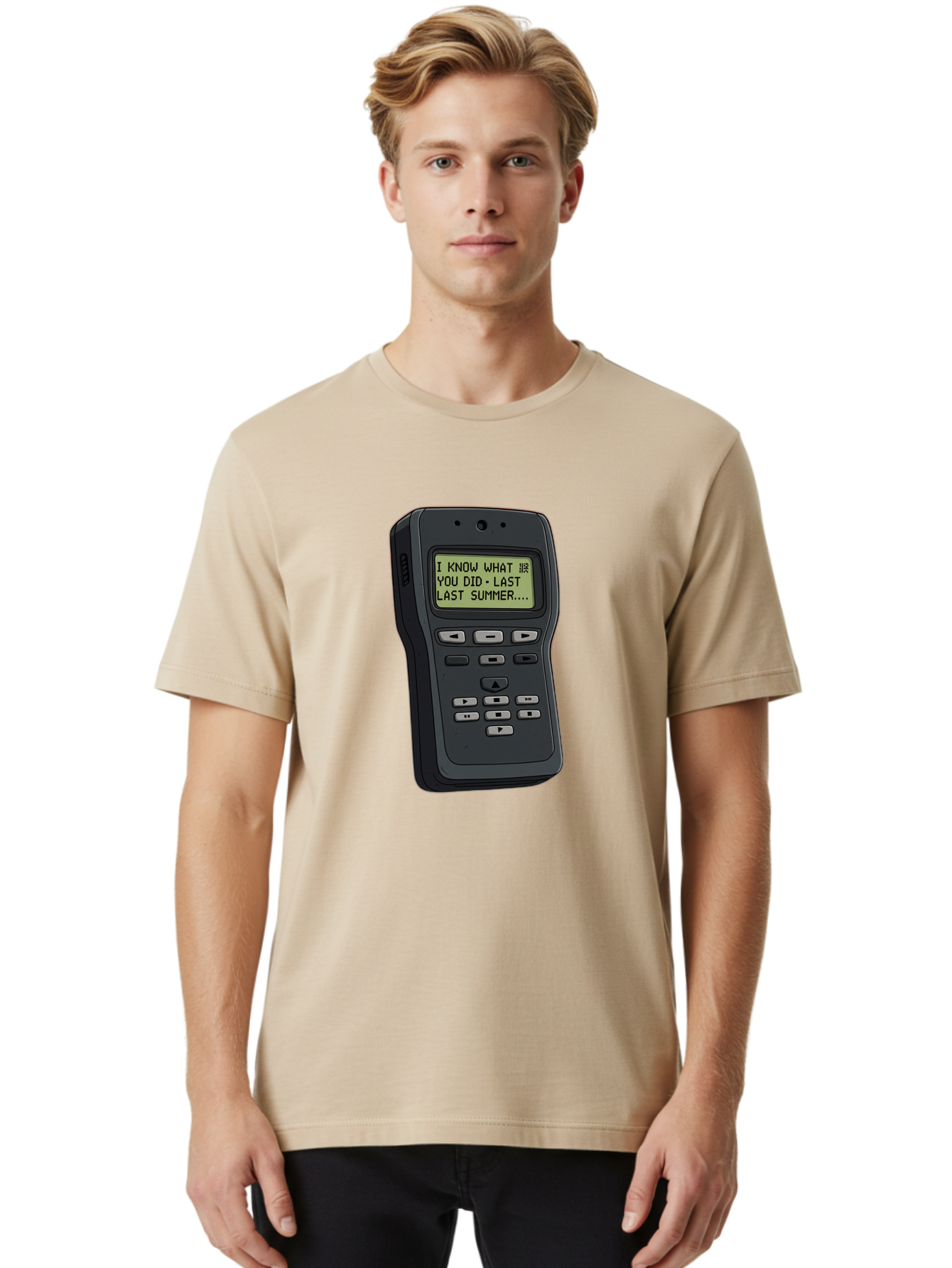 I-Know-What-You-Did-Last-Summer-Pager Men'S Graphic Tee, 100% Cotton, Comfortable Casual Summer Wear, Machine Washable, Black Digital Answering Machine, Ominous Message, Horror Theme, Retro Tech, Spooky Atmosphere, Baa853
