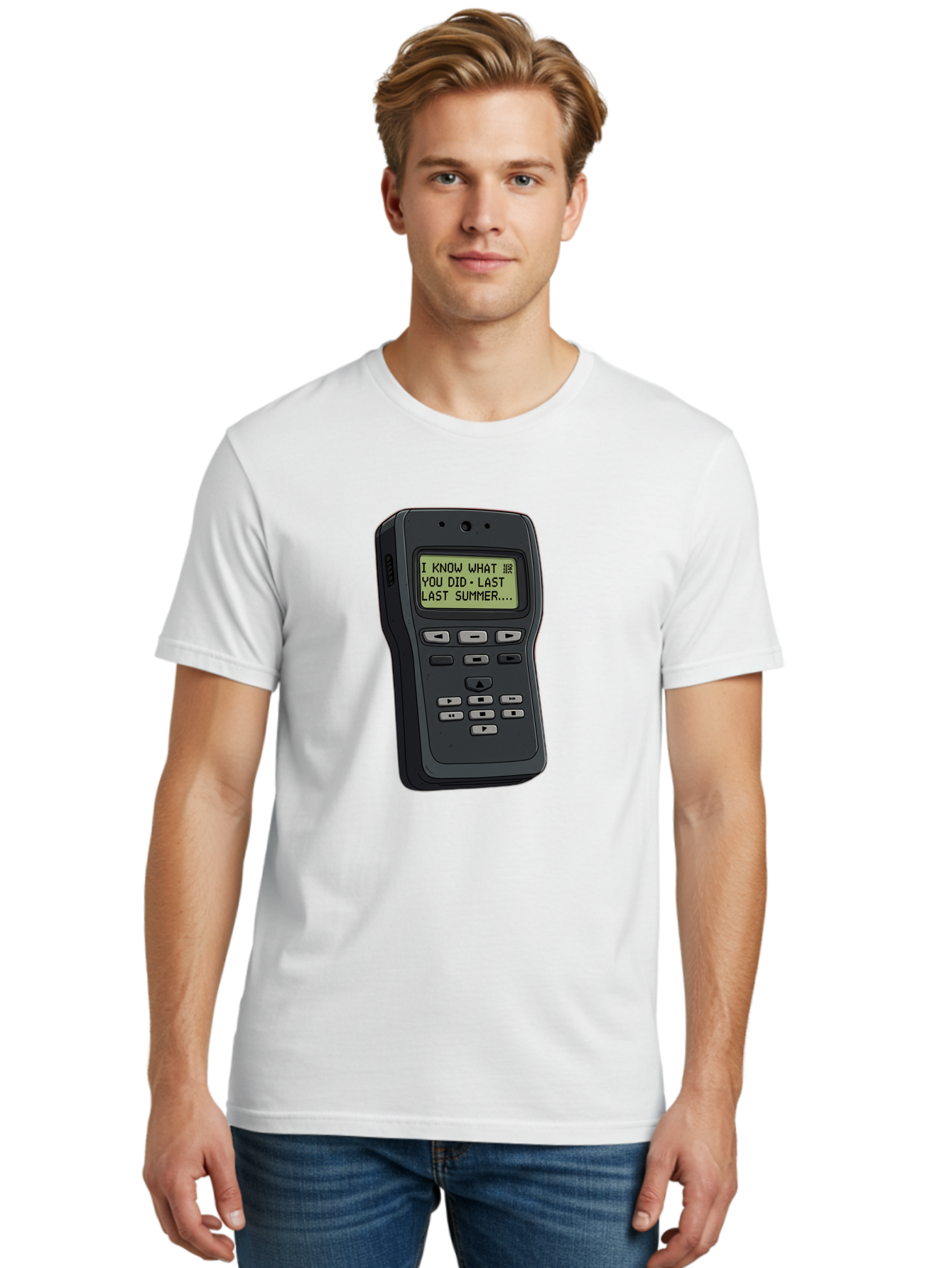I-Know-What-You-Did-Last-Summer-Pager Men'S Graphic Tee, 100% Cotton, Comfortable Casual Summer Wear, Machine Washable, Black Digital Answering Machine, Ominous Message, Horror Theme, Retro Tech, Spooky Atmosphere, Baa853