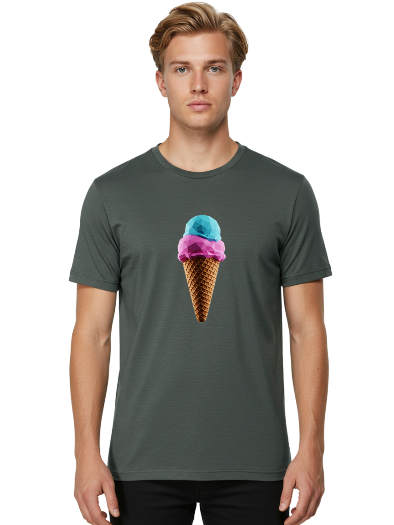 Ice-Cream-Cone-1 Men'S Graphic Tee, 100% Cotton, Comfortable Casual Summer Wear, Machine Washable, Ice Cream, Two Scoops, Pink And Blue, Waffle Cone, Low Poly, Geometric Style, Sweet Treat, Summer Dessert, Cool Colors, Art Illustration Baa854