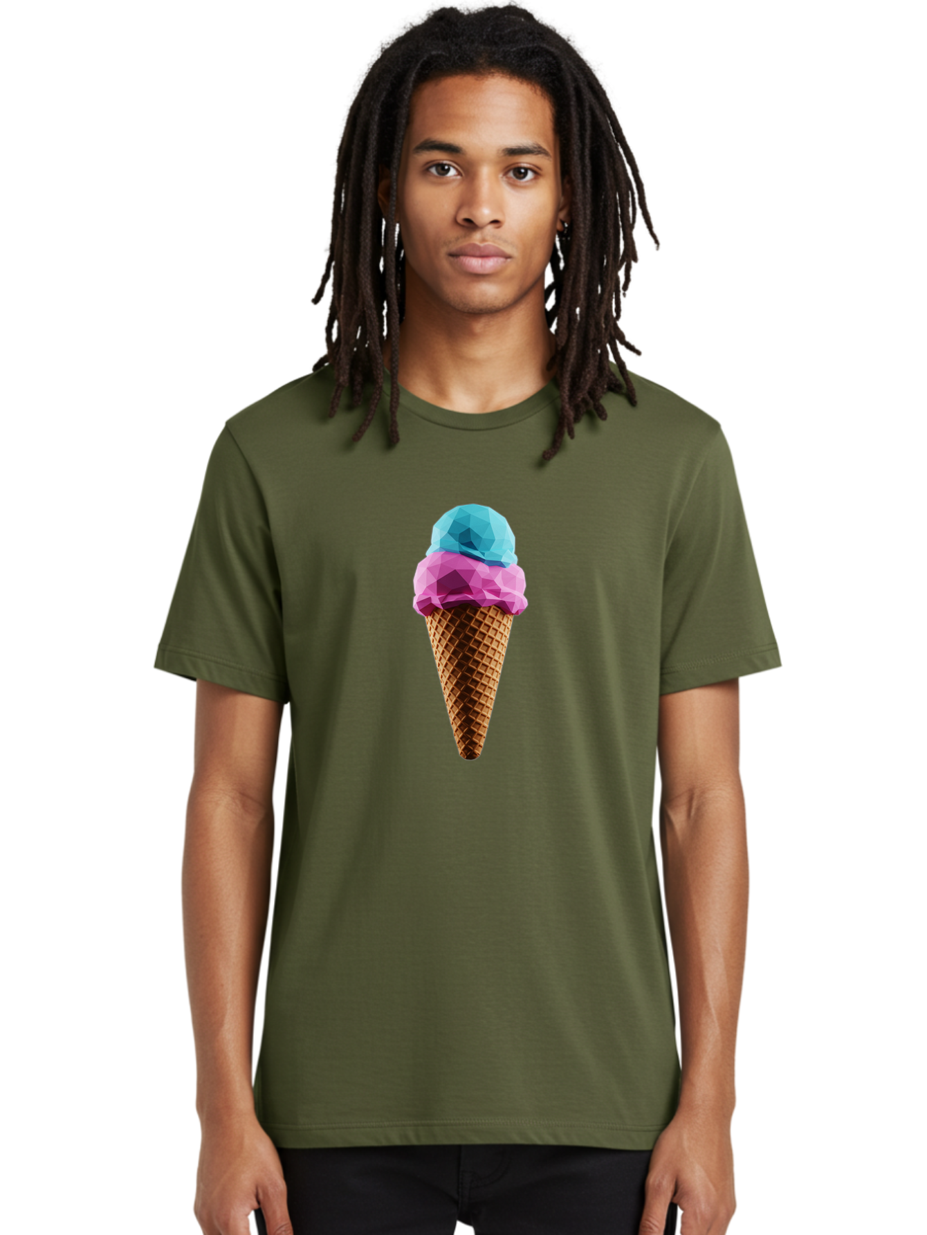 Ice-Cream-Cone-1 Men'S Graphic Tee, 100% Cotton, Comfortable Casual Summer Wear, Machine Washable, Ice Cream, Two Scoops, Pink And Blue, Waffle Cone, Low Poly, Geometric Style, Sweet Treat, Summer Dessert, Cool Colors, Art Illustration Baa854