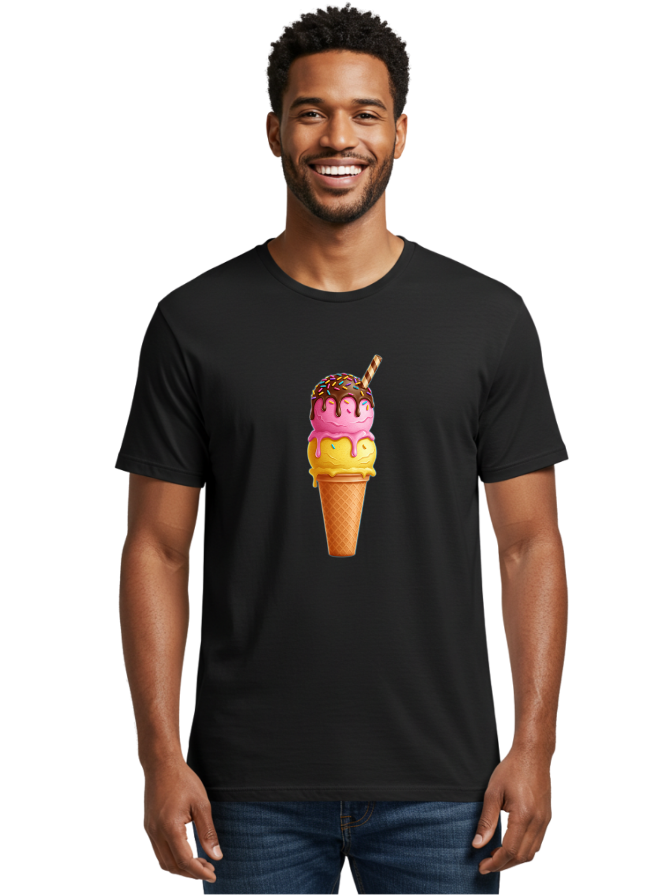 Ice-Cream-Cone-10 Men'S Graphic Tee, 100% Cotton, Comfortable Casual Summer Wear, Machine Washable, Two Scoops Of Ice Cream, Cone With Ice Cream, Waffle Cone, Strawberry Ice Cream, Banana Ice Cream, Chocolate Sauce, Sprinkles, Striped Straw, Baa855