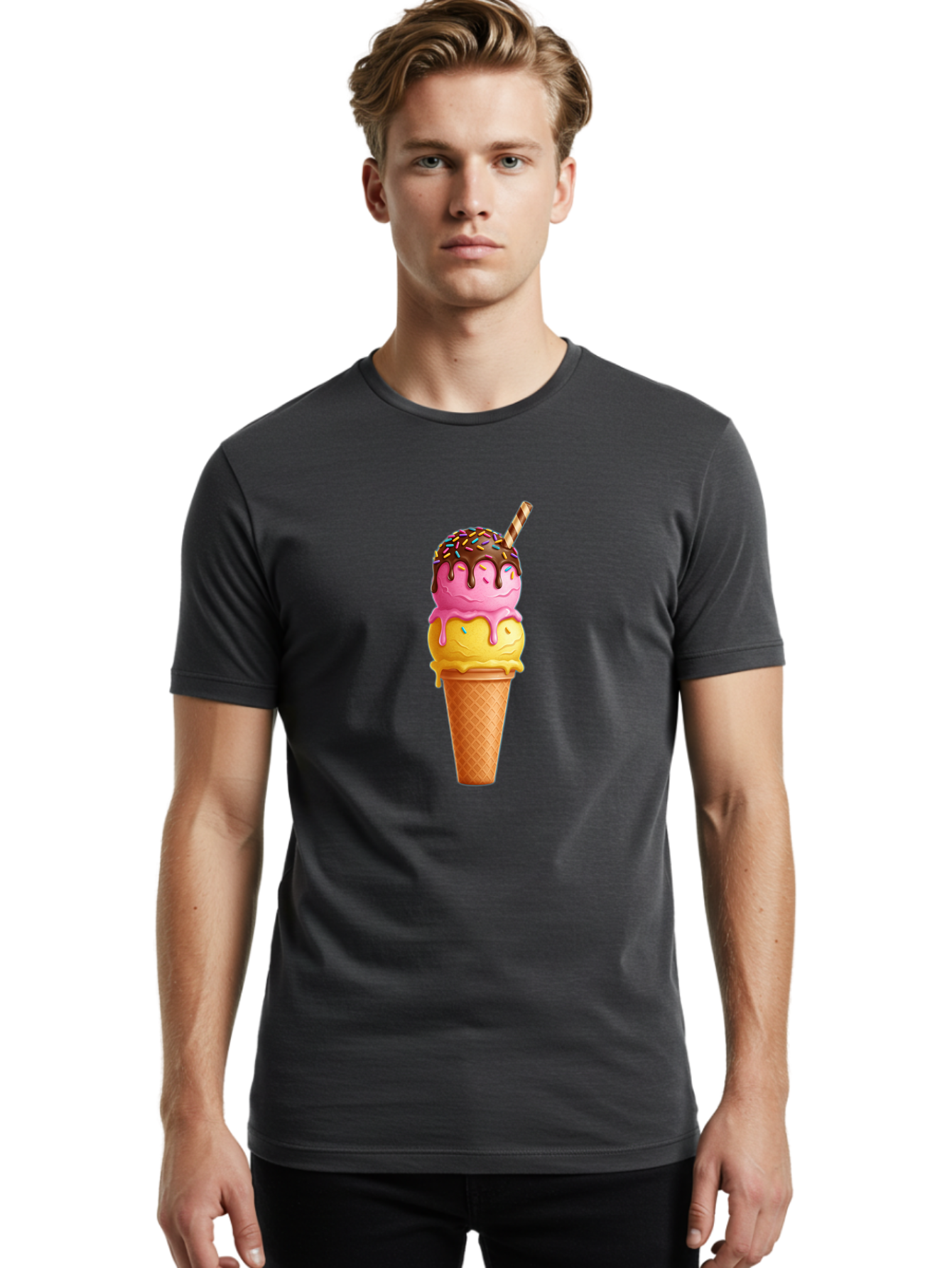 Ice-Cream-Cone-10 Men'S Graphic Tee, 100% Cotton, Comfortable Casual Summer Wear, Machine Washable, Two Scoops Of Ice Cream, Cone With Ice Cream, Waffle Cone, Strawberry Ice Cream, Banana Ice Cream, Chocolate Sauce, Sprinkles, Striped Straw, Baa855