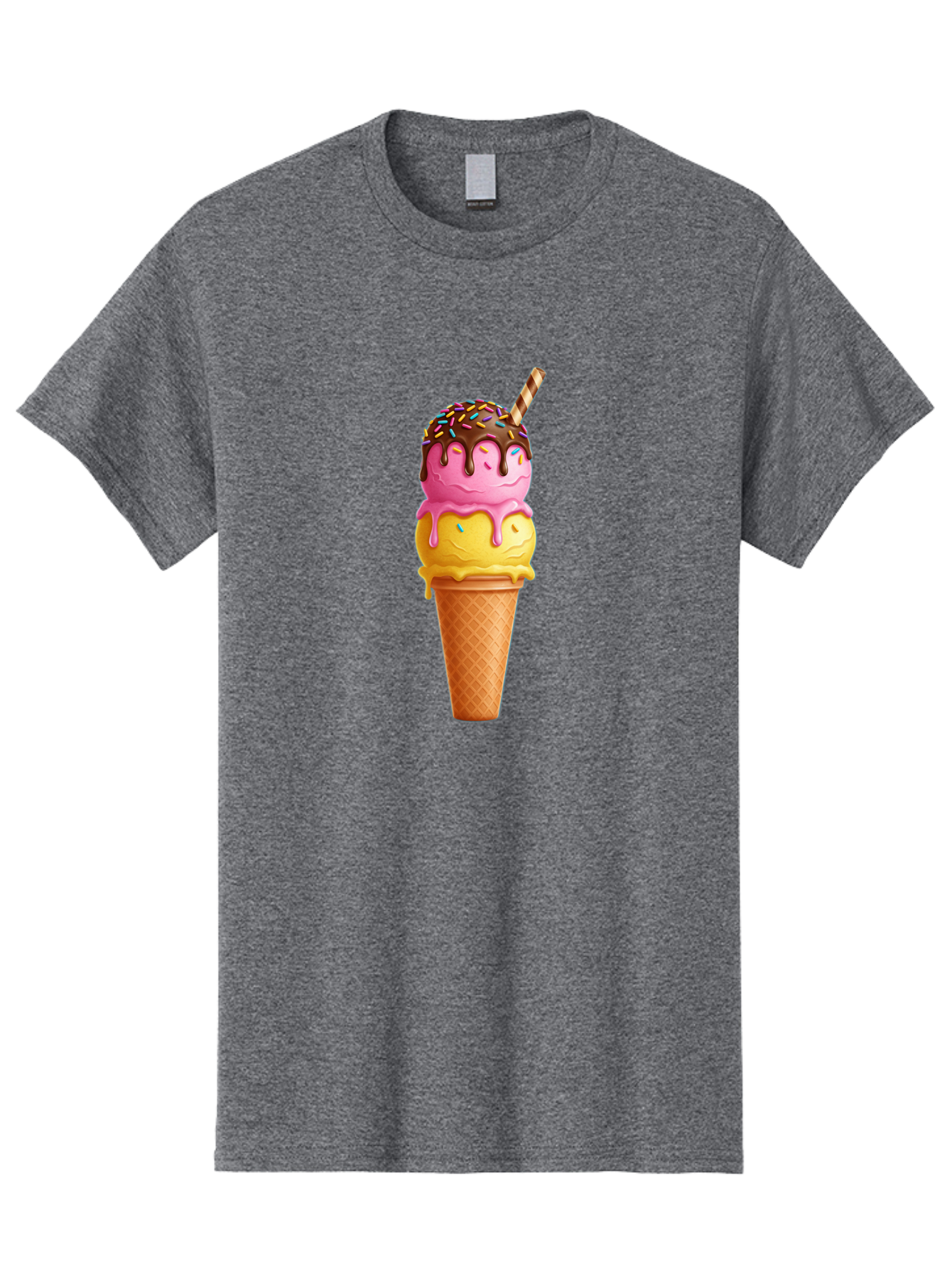 Ice-Cream-Cone-10 Men'S Graphic Tee, 100% Cotton, Comfortable Casual Summer Wear, Machine Washable, Two Scoops Of Ice Cream, Cone With Ice Cream, Waffle Cone, Strawberry Ice Cream, Banana Ice Cream, Chocolate Sauce, Sprinkles, Striped Straw, Baa855