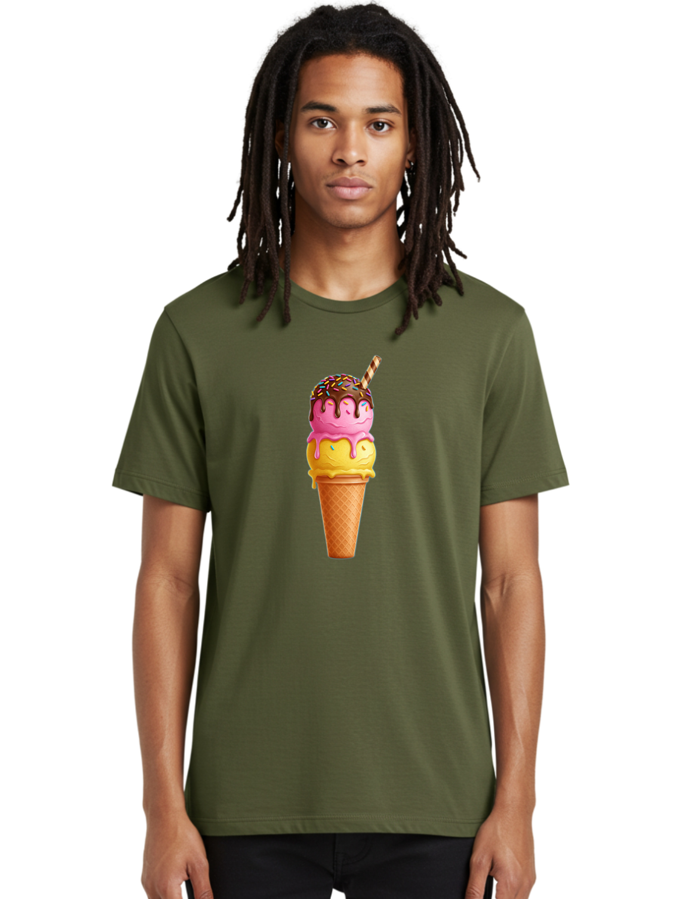 Ice-Cream-Cone-10 Men'S Graphic Tee, 100% Cotton, Comfortable Casual Summer Wear, Machine Washable, Two Scoops Of Ice Cream, Cone With Ice Cream, Waffle Cone, Strawberry Ice Cream, Banana Ice Cream, Chocolate Sauce, Sprinkles, Striped Straw, Baa855