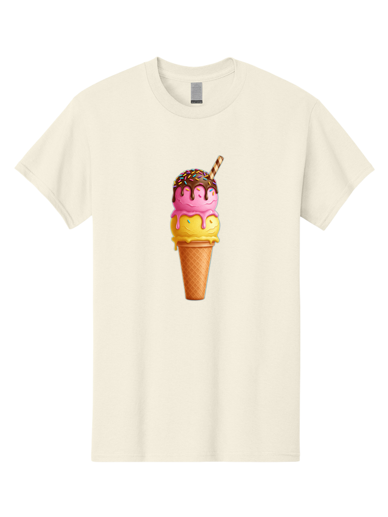 Ice-Cream-Cone-10 Men'S Graphic Tee, 100% Cotton, Comfortable Casual Summer Wear, Machine Washable, Two Scoops Of Ice Cream, Cone With Ice Cream, Waffle Cone, Strawberry Ice Cream, Banana Ice Cream, Chocolate Sauce, Sprinkles, Striped Straw, Baa855