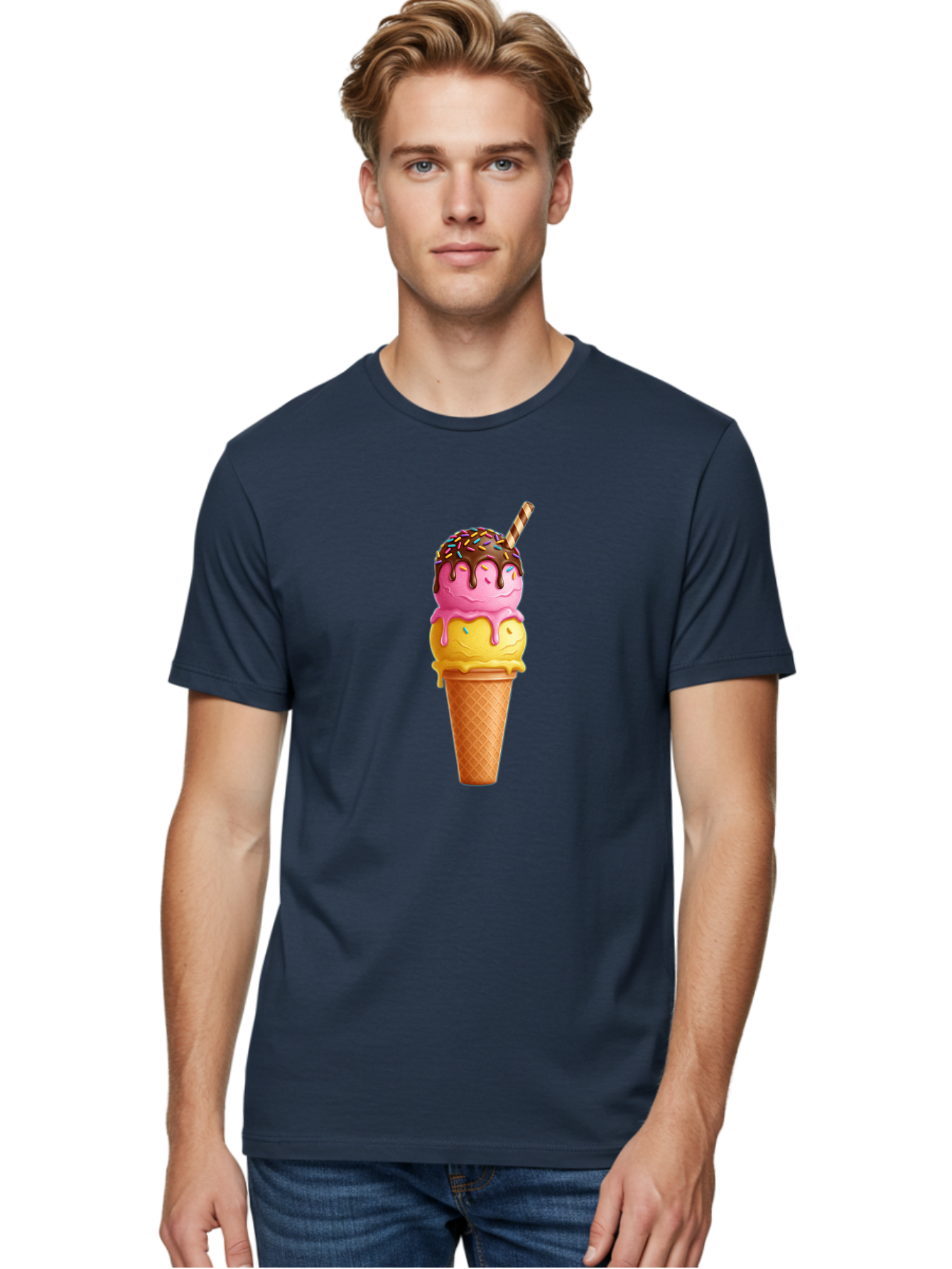 Ice-Cream-Cone-10 Men'S Graphic Tee, 100% Cotton, Comfortable Casual Summer Wear, Machine Washable, Two Scoops Of Ice Cream, Cone With Ice Cream, Waffle Cone, Strawberry Ice Cream, Banana Ice Cream, Chocolate Sauce, Sprinkles, Striped Straw, Baa855