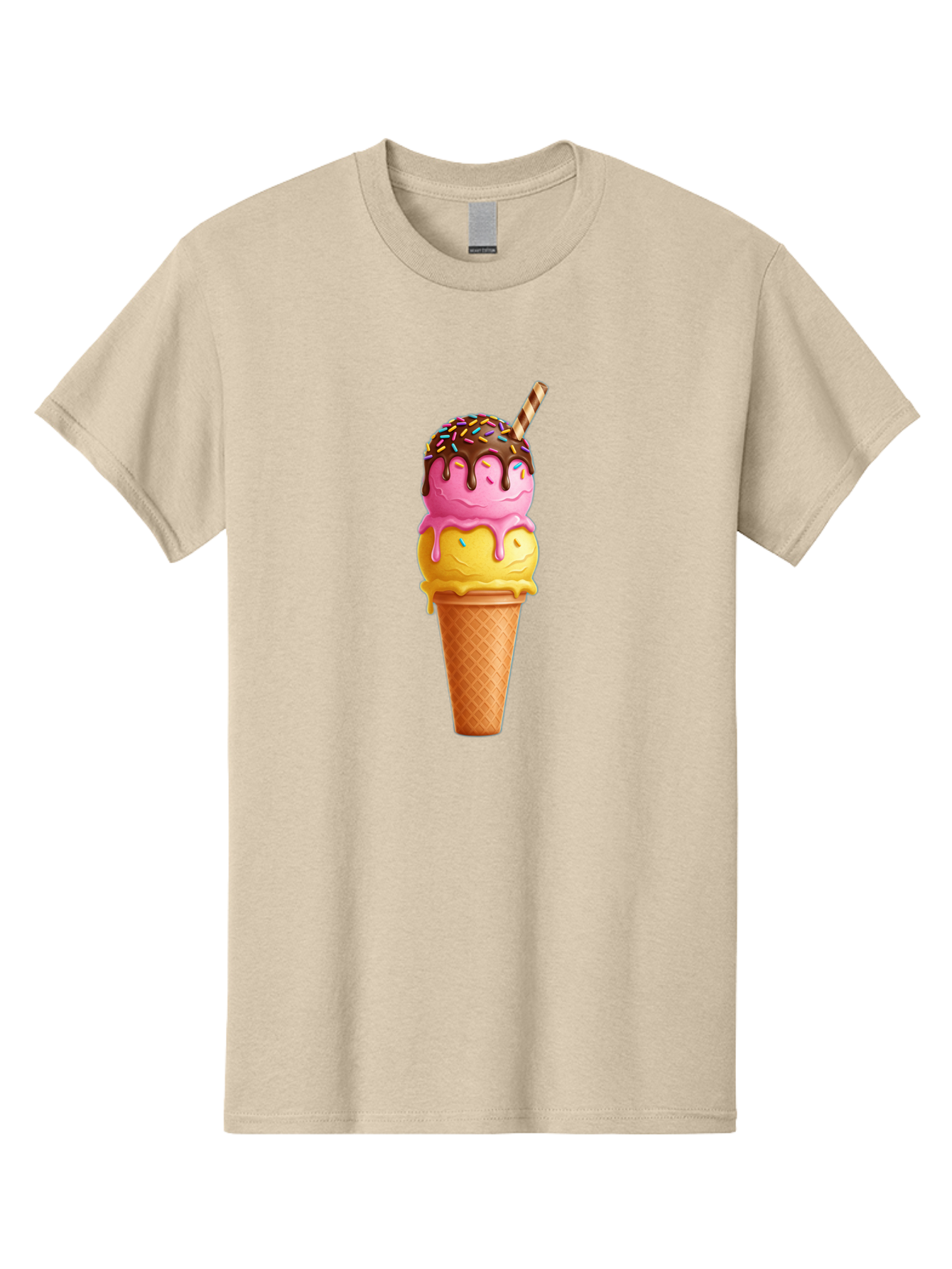 Ice-Cream-Cone-10 Men'S Graphic Tee, 100% Cotton, Comfortable Casual Summer Wear, Machine Washable, Two Scoops Of Ice Cream, Cone With Ice Cream, Waffle Cone, Strawberry Ice Cream, Banana Ice Cream, Chocolate Sauce, Sprinkles, Striped Straw, Baa855