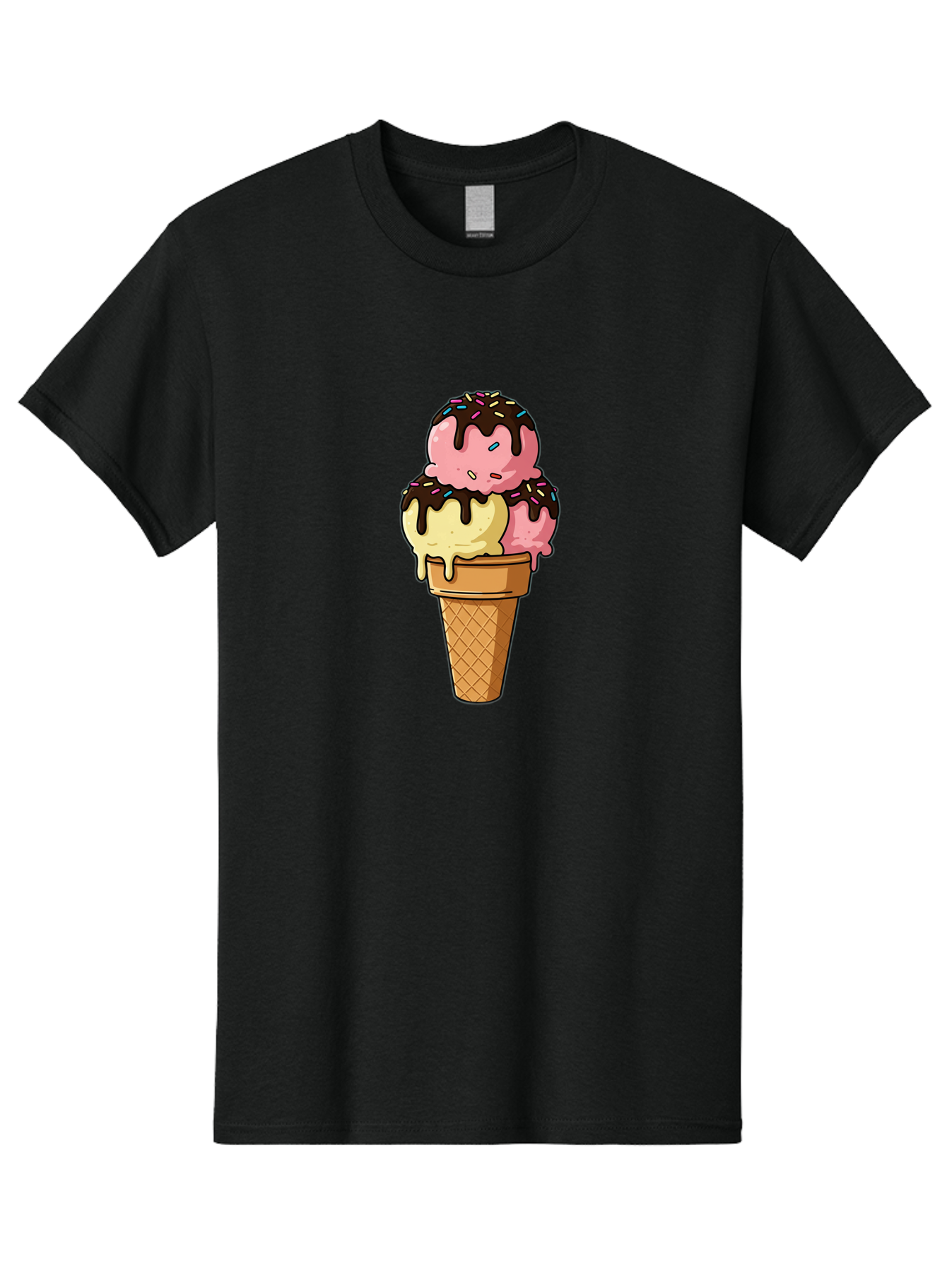 Ice-Cream-Cone-11 Men'S Graphic Tee, 100% Cotton, Comfortable Casual Summer Wear, Machine Washable, Ice Cream Cone, Triple Scoop, Pink And Yellow Ice Cream, Chocolate Sauce, Sprinkles, Dripping Ice Cream, Sweet Treats, Dessert Illustration, Baa856