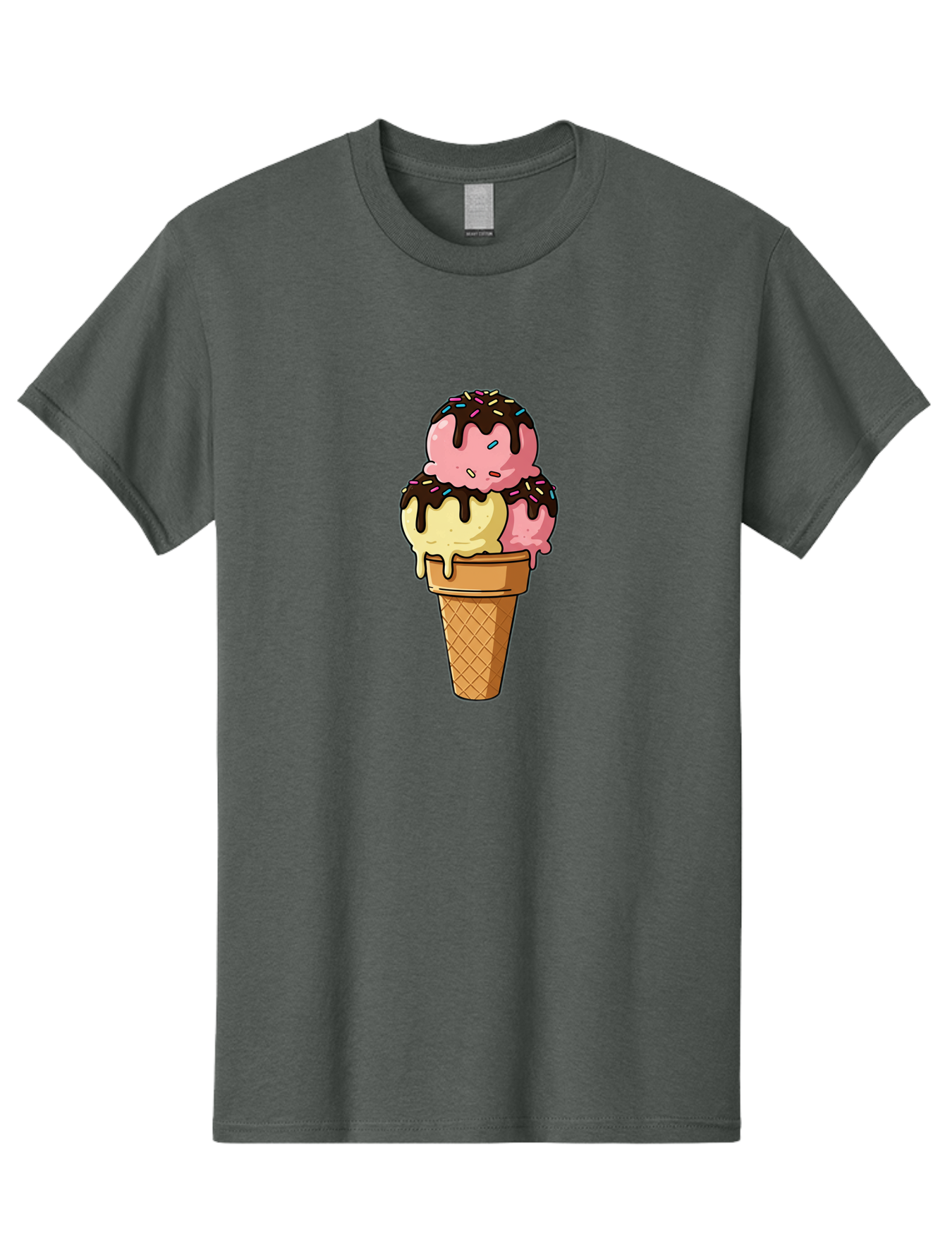 Ice-Cream-Cone-11 Men'S Graphic Tee, 100% Cotton, Comfortable Casual Summer Wear, Machine Washable, Ice Cream Cone, Triple Scoop, Pink And Yellow Ice Cream, Chocolate Sauce, Sprinkles, Dripping Ice Cream, Sweet Treats, Dessert Illustration, Baa856