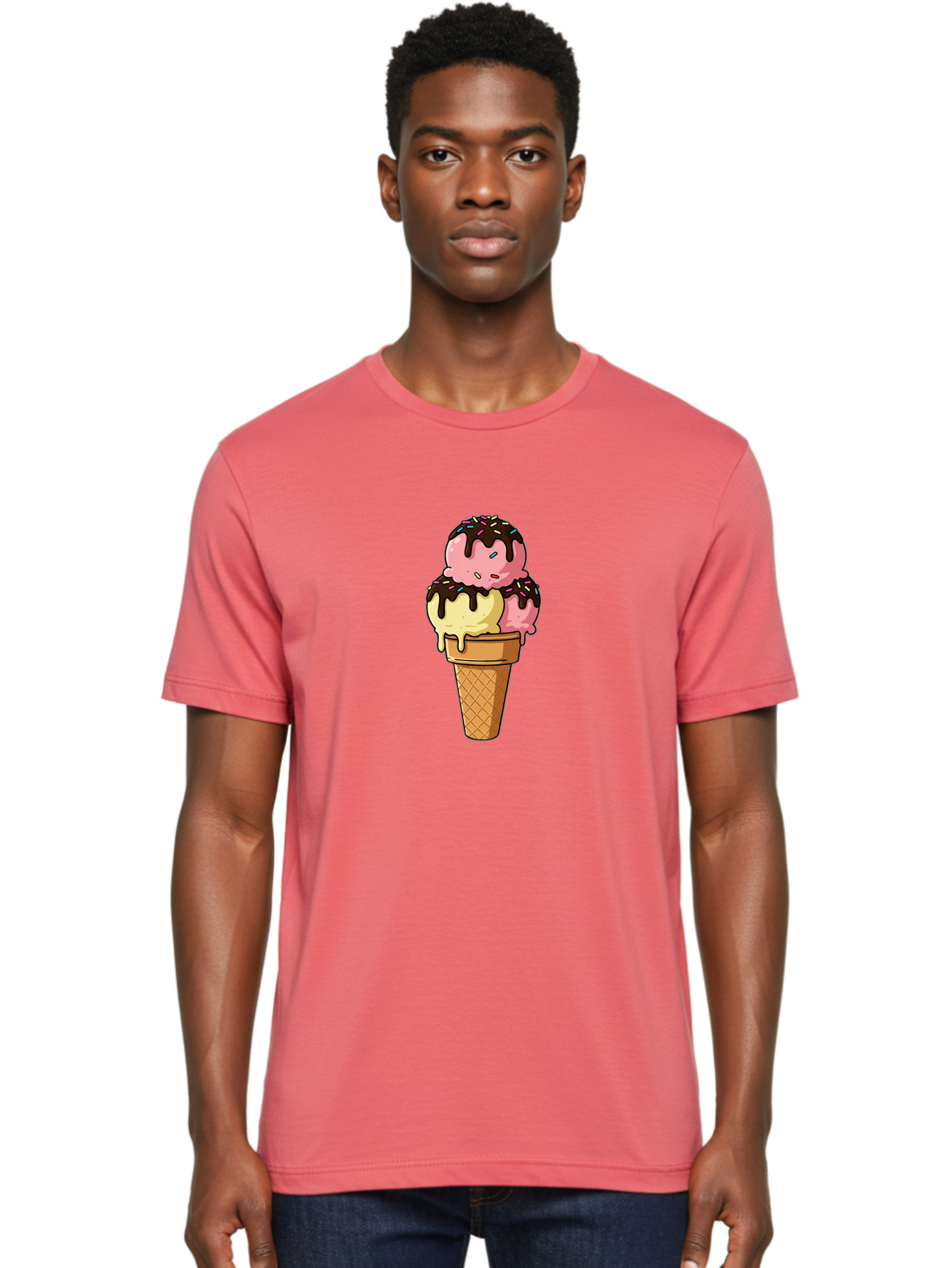 Ice-Cream-Cone-11 Men'S Graphic Tee, 100% Cotton, Comfortable Casual Summer Wear, Machine Washable, Ice Cream Cone, Triple Scoop, Pink And Yellow Ice Cream, Chocolate Sauce, Sprinkles, Dripping Ice Cream, Sweet Treats, Dessert Illustration, Baa856
