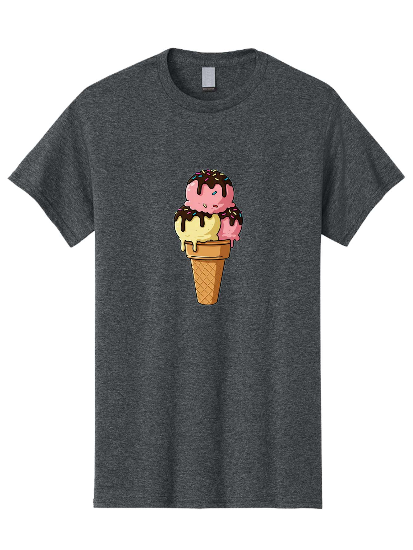 Ice-Cream-Cone-11 Men'S Graphic Tee, 100% Cotton, Comfortable Casual Summer Wear, Machine Washable, Ice Cream Cone, Triple Scoop, Pink And Yellow Ice Cream, Chocolate Sauce, Sprinkles, Dripping Ice Cream, Sweet Treats, Dessert Illustration, Baa856