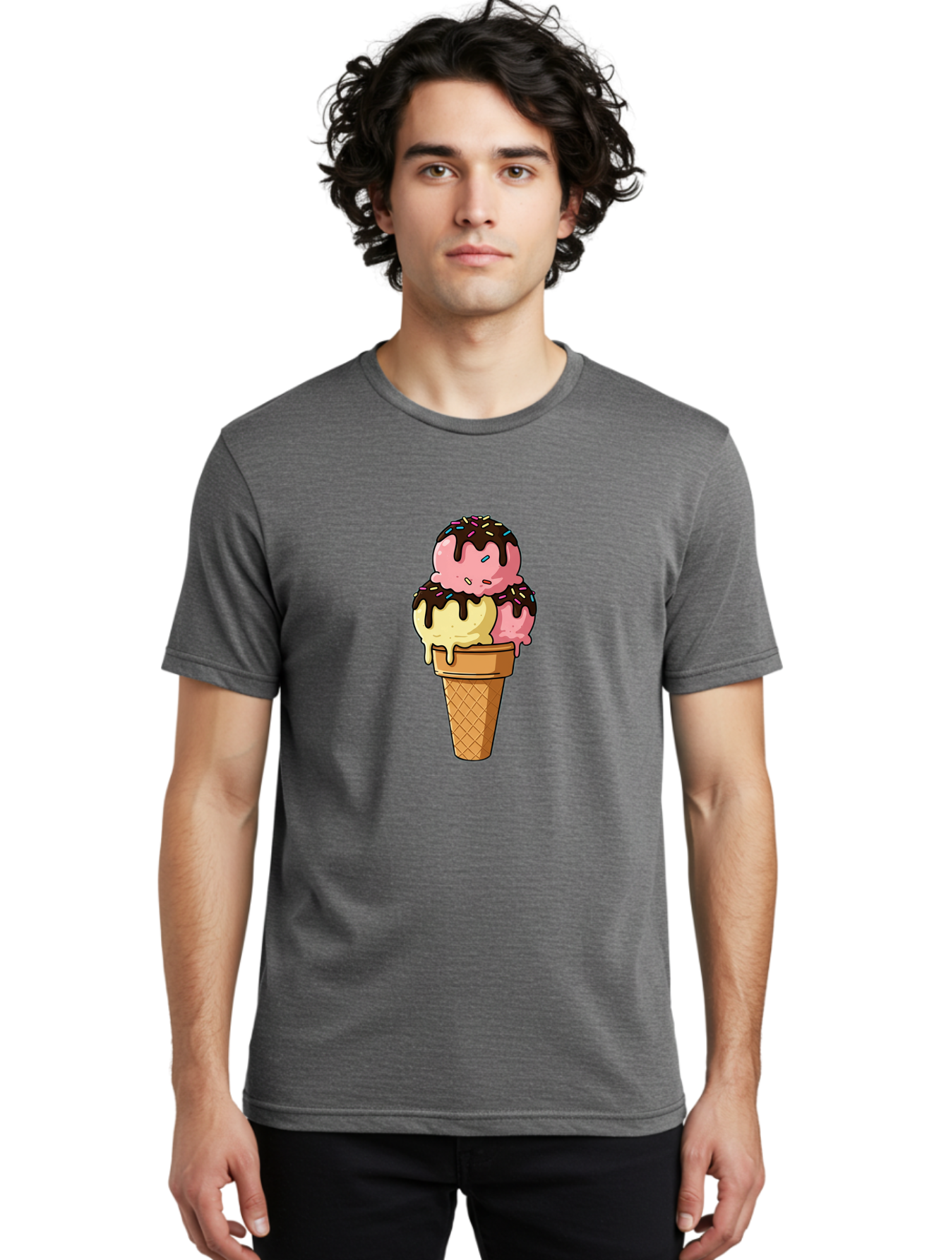 Ice-Cream-Cone-11 Men'S Graphic Tee, 100% Cotton, Comfortable Casual Summer Wear, Machine Washable, Ice Cream Cone, Triple Scoop, Pink And Yellow Ice Cream, Chocolate Sauce, Sprinkles, Dripping Ice Cream, Sweet Treats, Dessert Illustration, Baa856