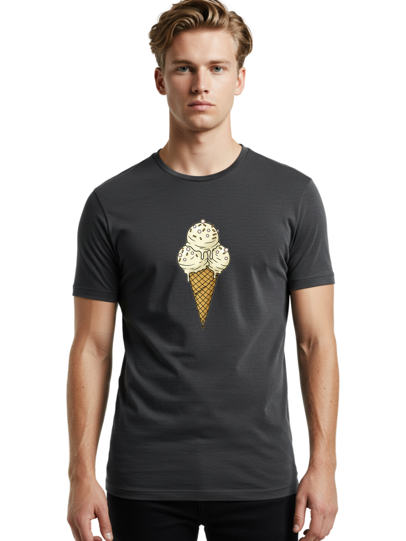 Ice-Cream-Cone-12 Men'S Graphic Tee, 100% Cotton, Comfortable Casual Summer Wear, Machine Washable, Ice Cream Cone, Three Scoops, Melting Ice Cream, Waffle Cone, Sweet Treat, Dessert Illustration, Creamy Texture, Chocolate Chips, Baa857