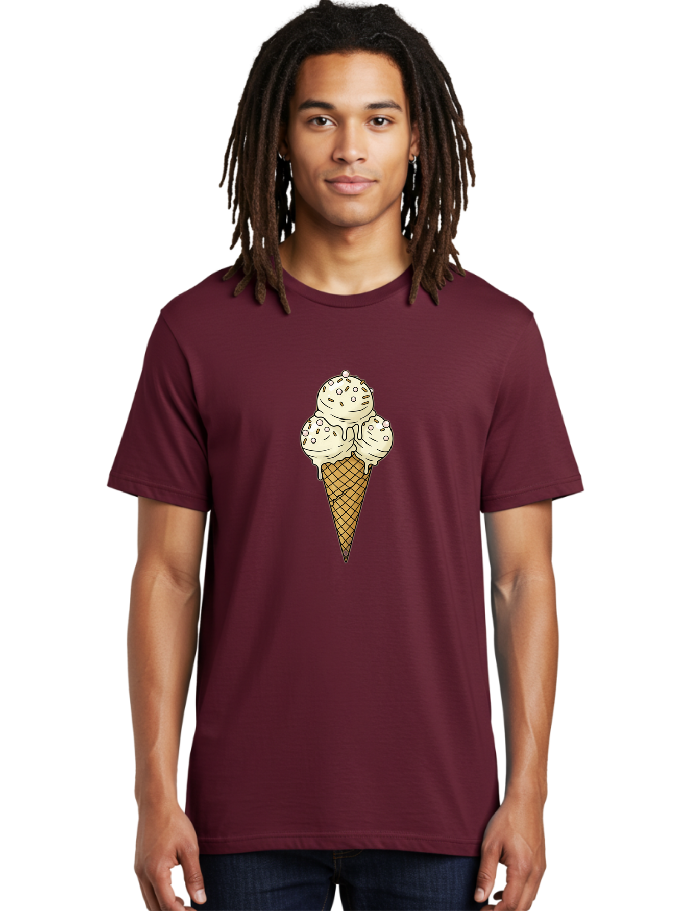 Ice-Cream-Cone-12 Men'S Graphic Tee, 100% Cotton, Comfortable Casual Summer Wear, Machine Washable, Ice Cream Cone, Three Scoops, Melting Ice Cream, Waffle Cone, Sweet Treat, Dessert Illustration, Creamy Texture, Chocolate Chips, Baa857