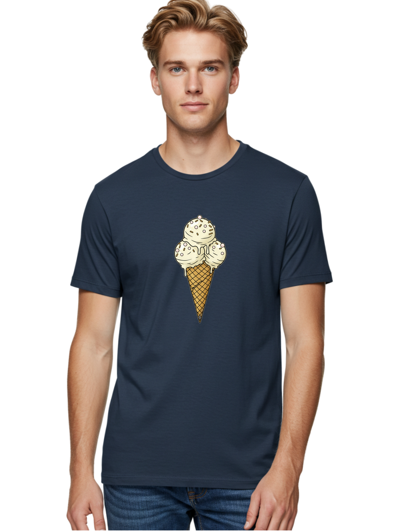 Ice-Cream-Cone-12 Men'S Graphic Tee, 100% Cotton, Comfortable Casual Summer Wear, Machine Washable, Ice Cream Cone, Three Scoops, Melting Ice Cream, Waffle Cone, Sweet Treat, Dessert Illustration, Creamy Texture, Chocolate Chips, Baa857