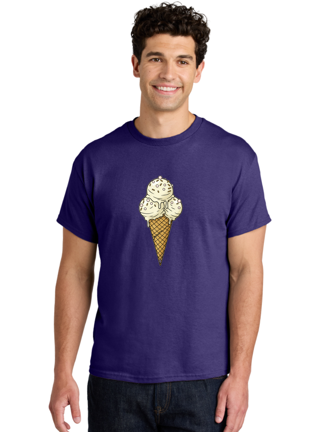 Ice-Cream-Cone-12 Men'S Graphic Tee, 100% Cotton, Comfortable Casual Summer Wear, Machine Washable, Ice Cream Cone, Three Scoops, Melting Ice Cream, Waffle Cone, Sweet Treat, Dessert Illustration, Creamy Texture, Chocolate Chips, Baa857