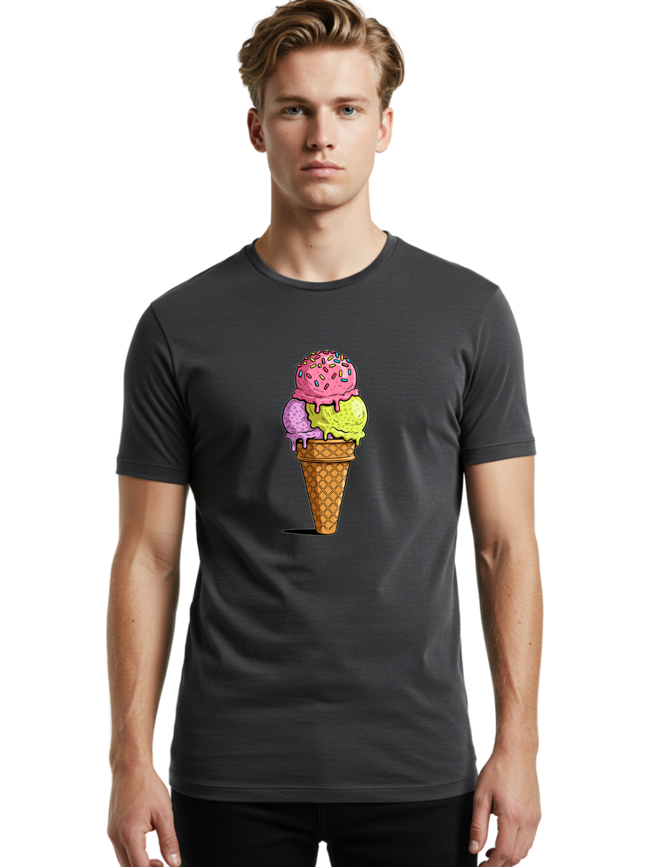 Ice-Cream-Cone-14 Men'S Graphic Tee, 100% Cotton, Comfortable Casual Summer Wear, Machine Washable, Triple Scoop Ice Cream Cone, Colorful Ice Cream, Waffle Cone, Melting Ice Cream, Sprinkles, Pastel Colors, Sweet Treat, Dessert, Summer Snack, Baa859