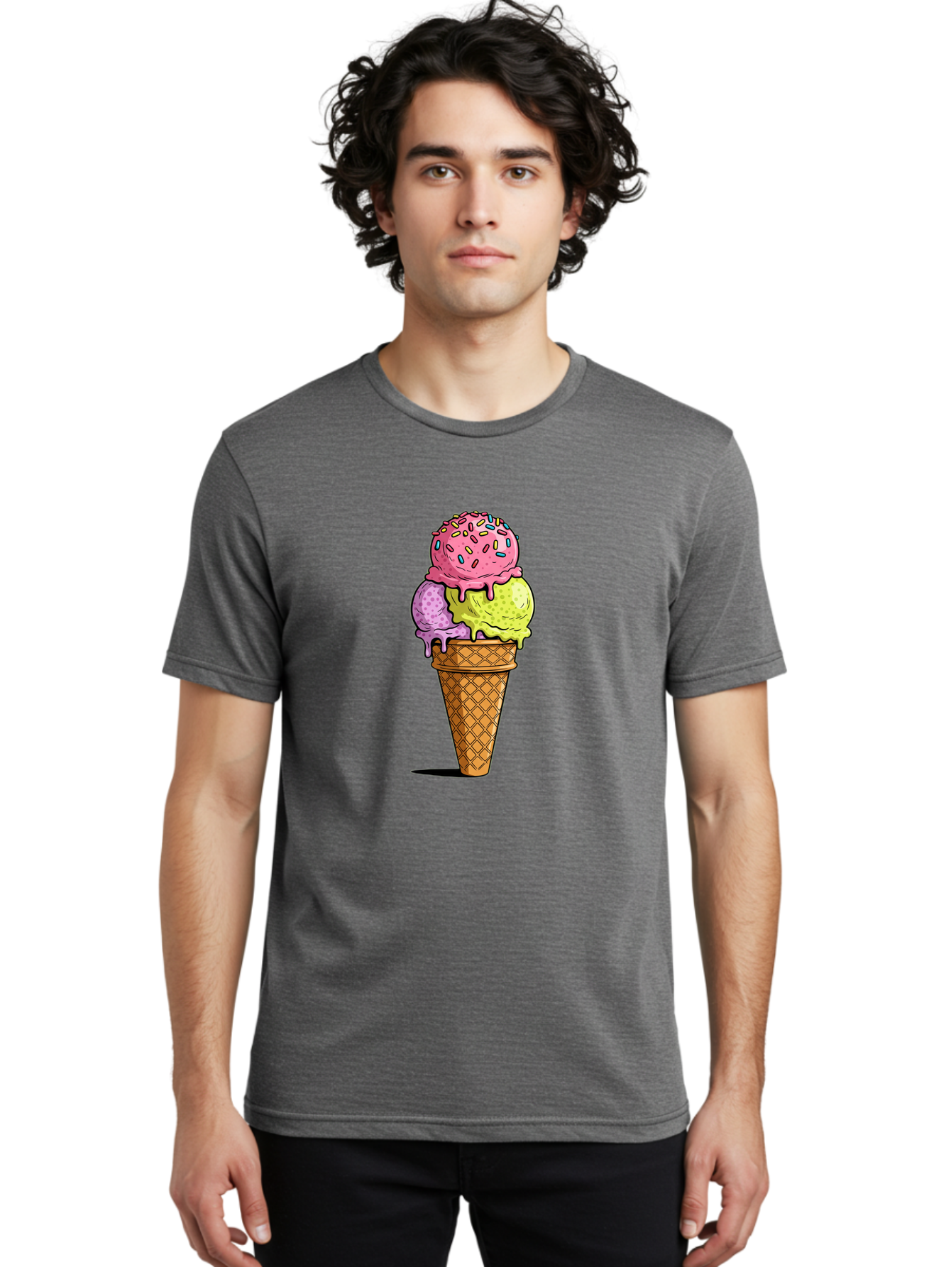Ice-Cream-Cone-14 Men'S Graphic Tee, 100% Cotton, Comfortable Casual Summer Wear, Machine Washable, Triple Scoop Ice Cream Cone, Colorful Ice Cream, Waffle Cone, Melting Ice Cream, Sprinkles, Pastel Colors, Sweet Treat, Dessert, Summer Snack, Baa859