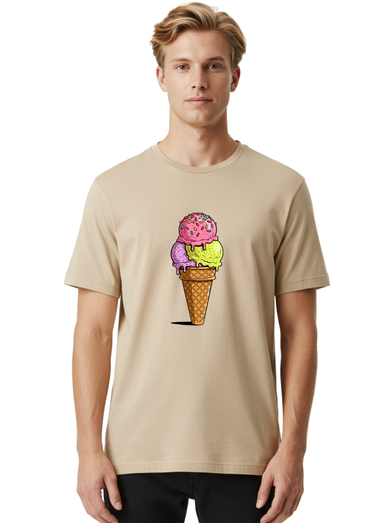 Ice-Cream-Cone-14 Men'S Graphic Tee, 100% Cotton, Comfortable Casual Summer Wear, Machine Washable, Triple Scoop Ice Cream Cone, Colorful Ice Cream, Waffle Cone, Melting Ice Cream, Sprinkles, Pastel Colors, Sweet Treat, Dessert, Summer Snack, Baa859