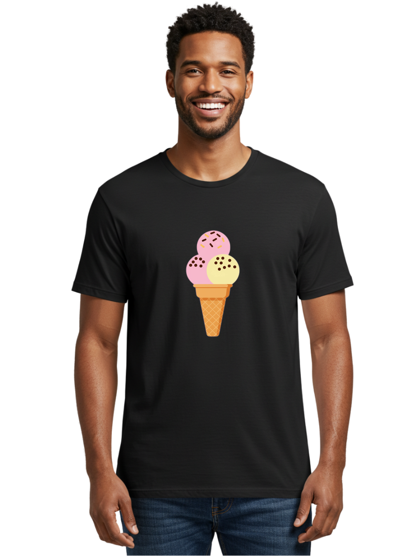 Ice-Cream-Cone-15 Men'S Graphic Tee, 100% Cotton, Comfortable Casual Summer Wear, Machine Washable, Ice Cream Cone, Three Scoops, Pink And Yellow Ice Cream, Chocolate Chips, Sprinkles, Frozen Dessert, Sweet Treat, Dessert Lover, Baa860