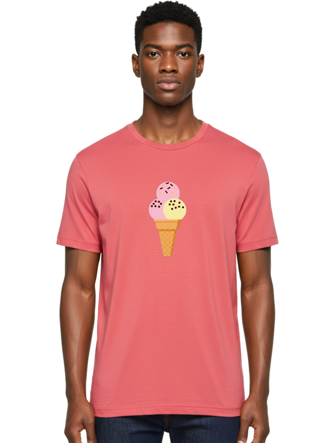 Ice-Cream-Cone-15 Men'S Graphic Tee, 100% Cotton, Comfortable Casual Summer Wear, Machine Washable, Ice Cream Cone, Three Scoops, Pink And Yellow Ice Cream, Chocolate Chips, Sprinkles, Frozen Dessert, Sweet Treat, Dessert Lover, Baa860